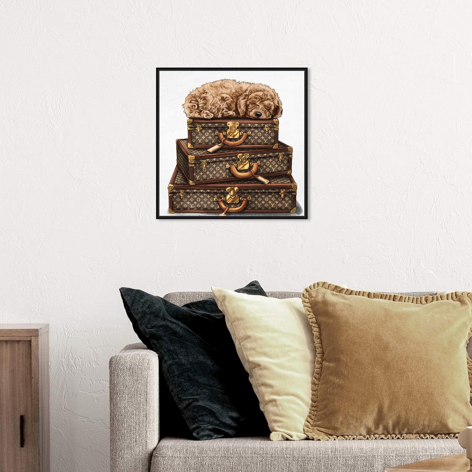 The Oliver Gal Artist Co. Fashion and Glam Framed Wall Art Canvas Prints 'Sleeping Poodle' Travel Essentials Home Décor, 20 in x 20 in, Brown, White