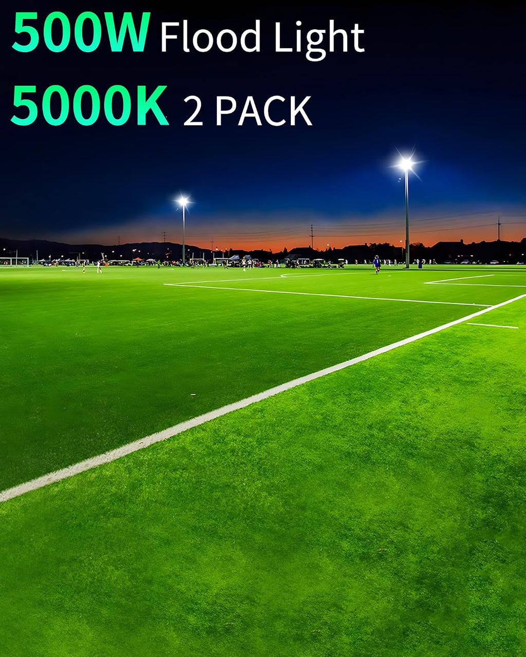 ISUERFY 500W LED Flood Light Outdoor with Plug+10ft Cable, 60000LM Ultra Brighter 5000K Exterior Security Light, IP66 Waterproof Commercial Lighting for Sports Fields Counts Arena Stadium(2 Pack)