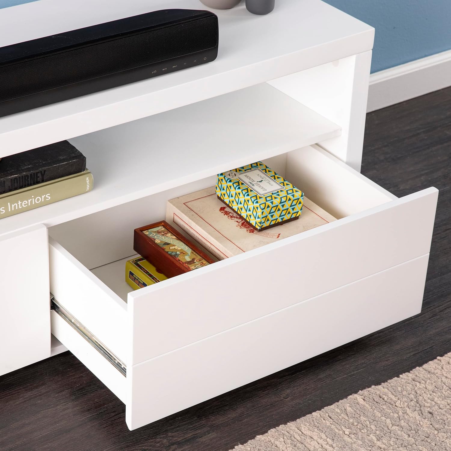 SEI Furniture - Harliston Contemporary Media Stand with Storage - Modern Design, White Finish - Ideal for Living Room, Family Room (MS1164813)