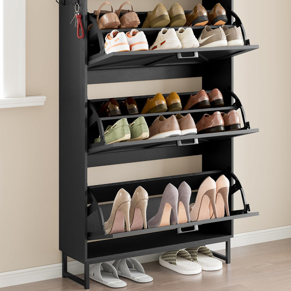 BORNOON Shoe Cabinet with 3 Flip Drawers Narrow Shoe Storage Cabinet Organizer Wooden Freestanding Shoe Rack Hidden Slim Shoes Storage Cabinet for Entryway, Hallway, Living Room, Bedroom