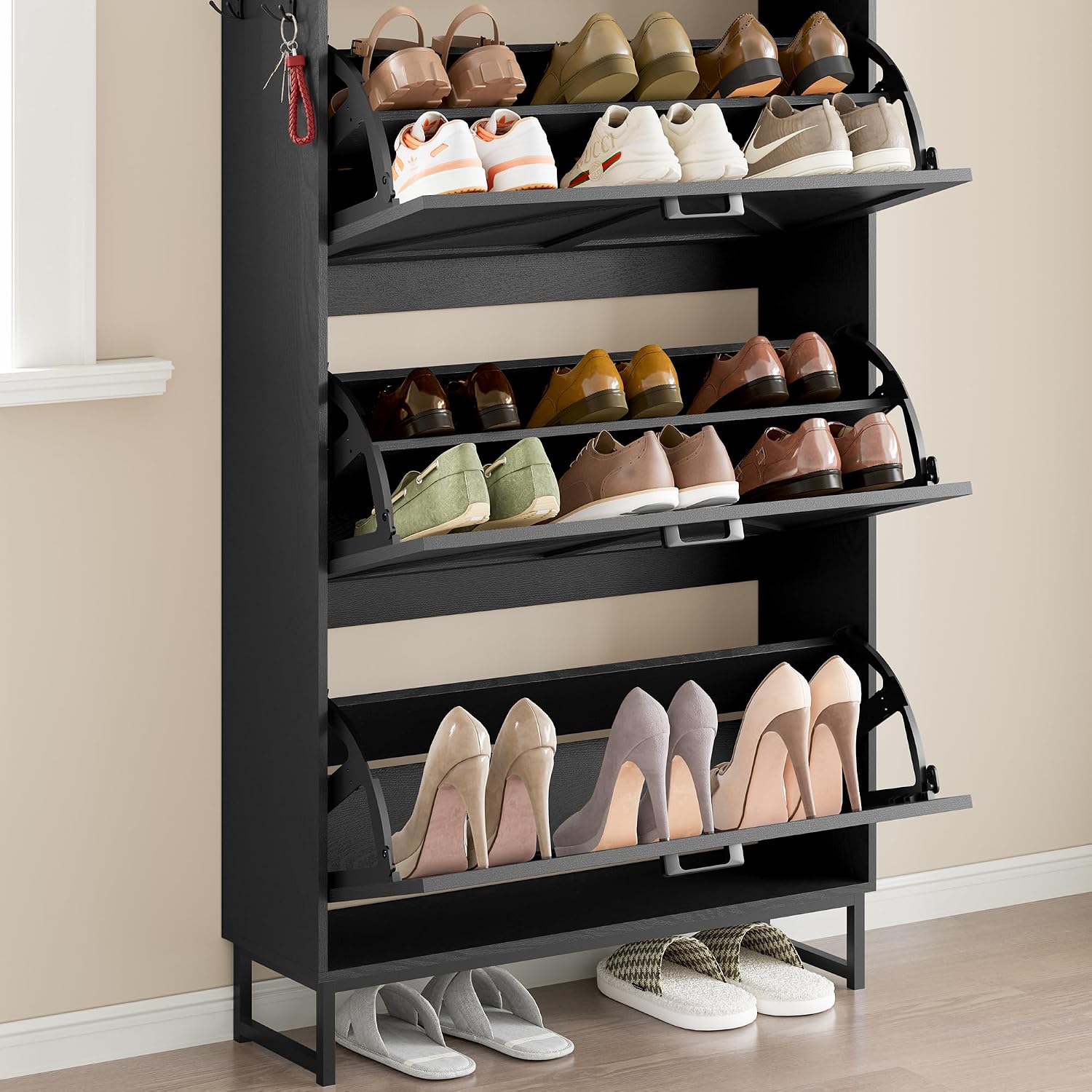 BORNOON Shoe Cabinet with 3 Flip Drawers Narrow Shoe Storage Cabinet Organizer Wooden Freestanding Shoe Rack Hidden Slim Shoes Storage Cabinet for Entryway, Hallway, Living Room, Bedroom