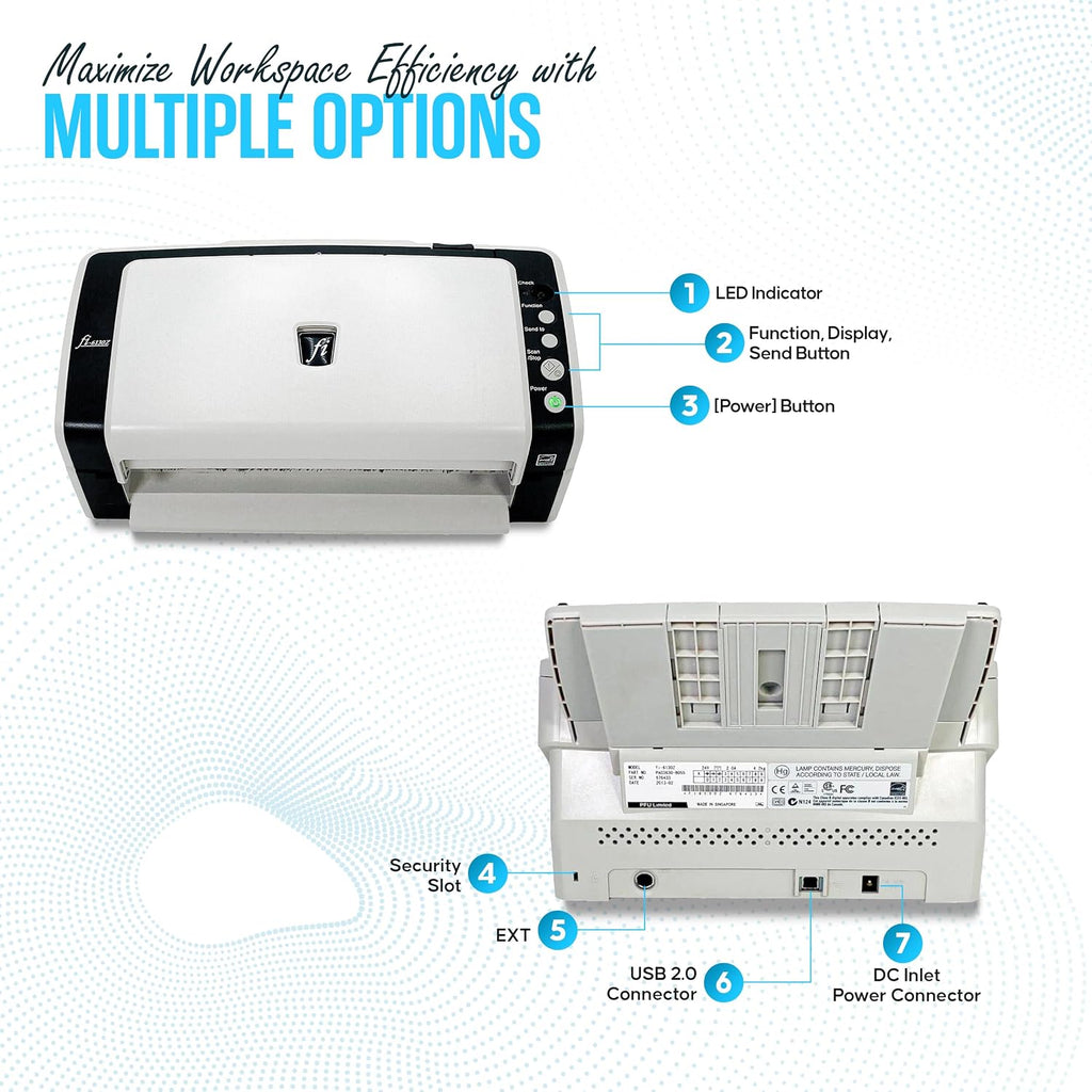 FI-6130Z Fujitsu Duplex Sheet-Fed Receipt Document Scanner with 24V & USB 2.0 Cable (Renewed)
