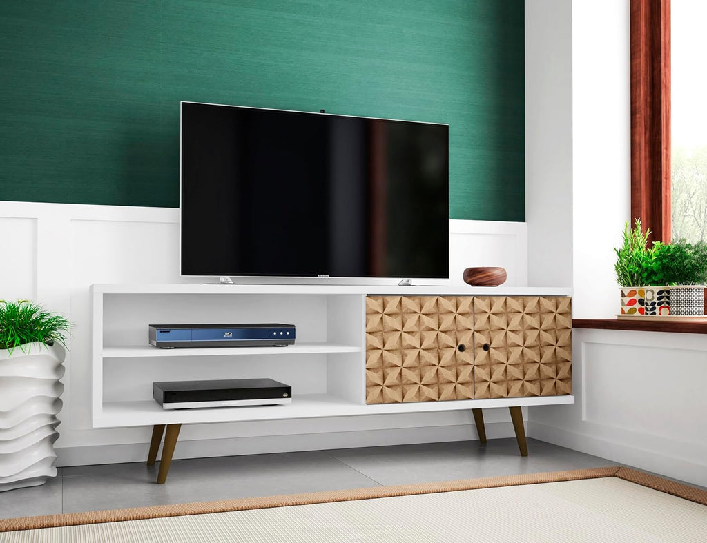 Manhattan Comfort Liberty Mid Century Modern TV Stand for Televisions up to 60 Inches, Bedroom and Living Room Entertainment Center with Storage, Shelves, and Cabinet, 63' Wide, White/3d Print