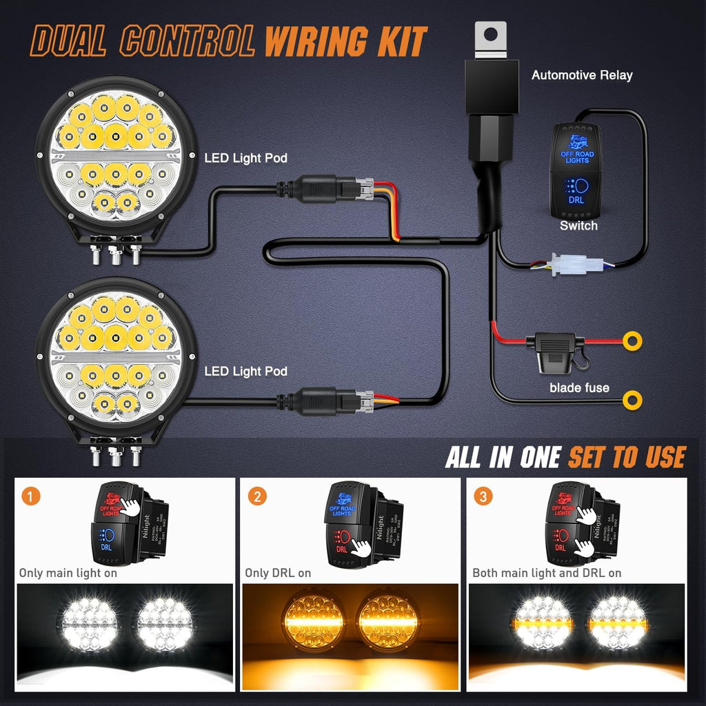 Nilight LED Offroad Driving Lights with Amber DRL 2PCS 7 Inch Round 90W IP68 Spot Flood Combo Work Light Bar with 12 AWG DT Connector Wiring Harness Kit for 4x4 Truck ATV UTV SUV
