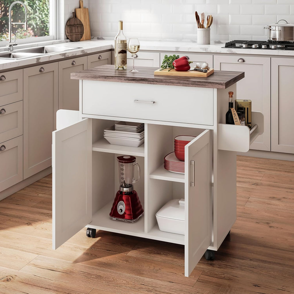 Deluxe Mobile Kitchen Island Cart with Water Resistant Top, Storage Cabinets, Adjustable Shelves, Spice Rack & Paper Towel Holder, Coffee Bar or Rolling Kitchen Cart with and Locking Wheels