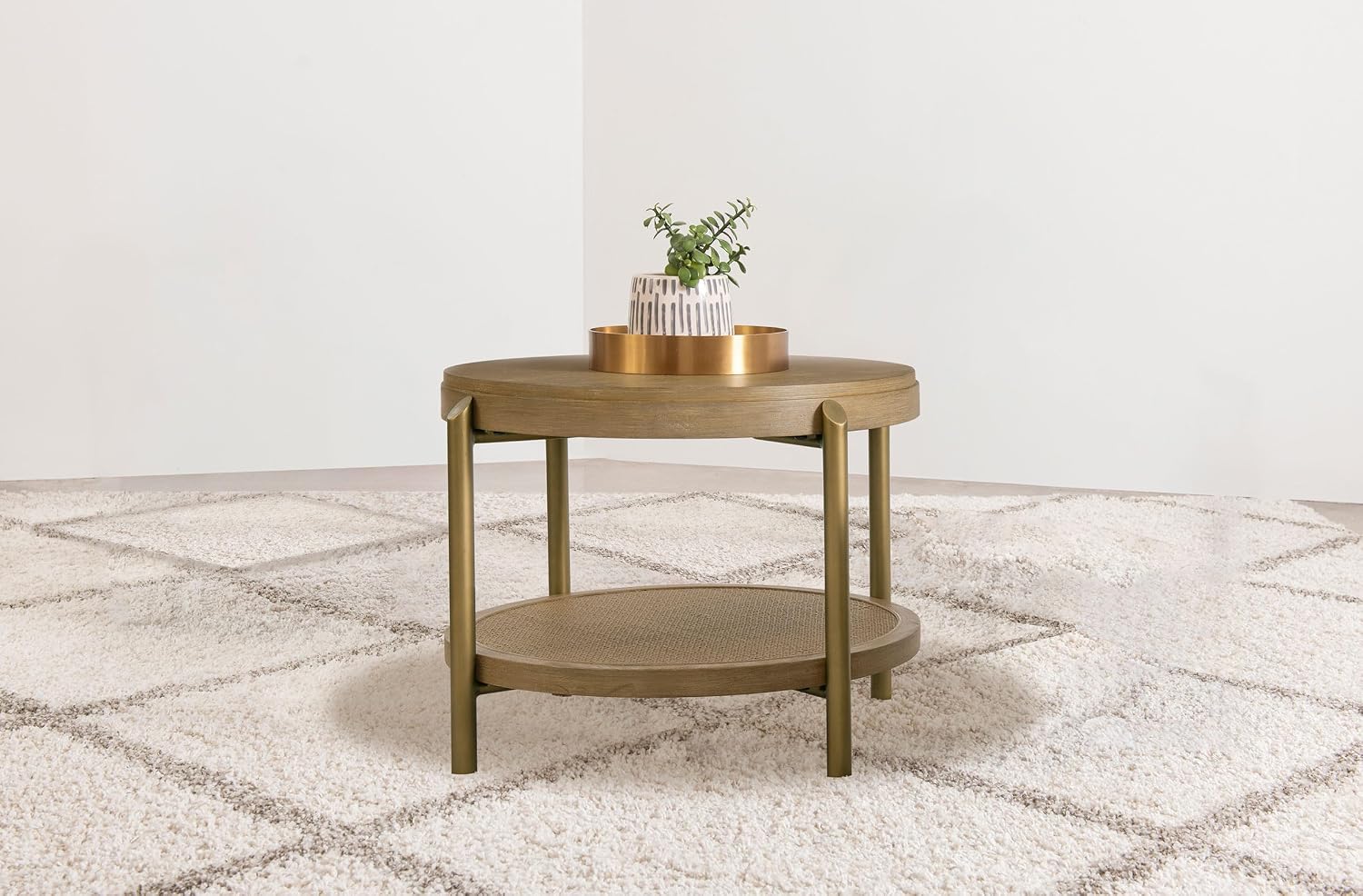 Coaster Home Furnishings - Arini - Wood and Metal - Round End Table with Dual-Tier Design, Woven Rattan Shelf and Aged Brass Legs - Living Room - 26-Inch - Sand Wash - 706187