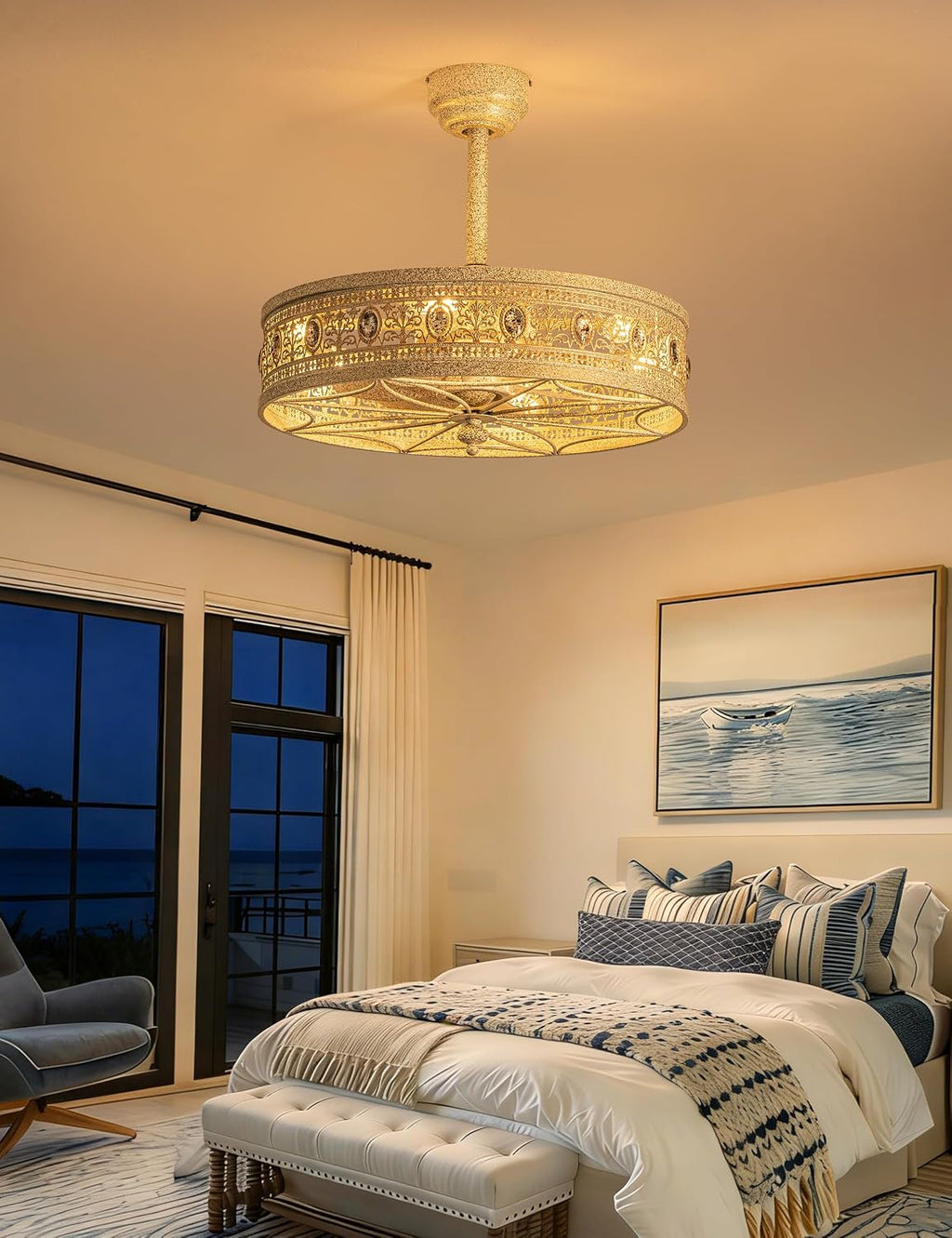 Crystal Chandelier Ceiling Fan with Light,French Coastal Ornate Caged Bladeless Fandelier,Elegant Decorative Round Light Fixture,Hanging/Flush Mount for Bedroom,Kitchen Island,Dining Room,Living Room