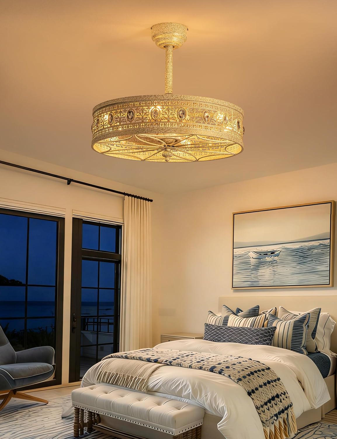 Crystal Chandelier Ceiling Fan with Light,French Coastal Ornate Caged Bladeless Fandelier,Elegant Decorative Round Light Fixture,Hanging/Flush Mount for Bedroom,Kitchen Island,Dining Room,Living Room