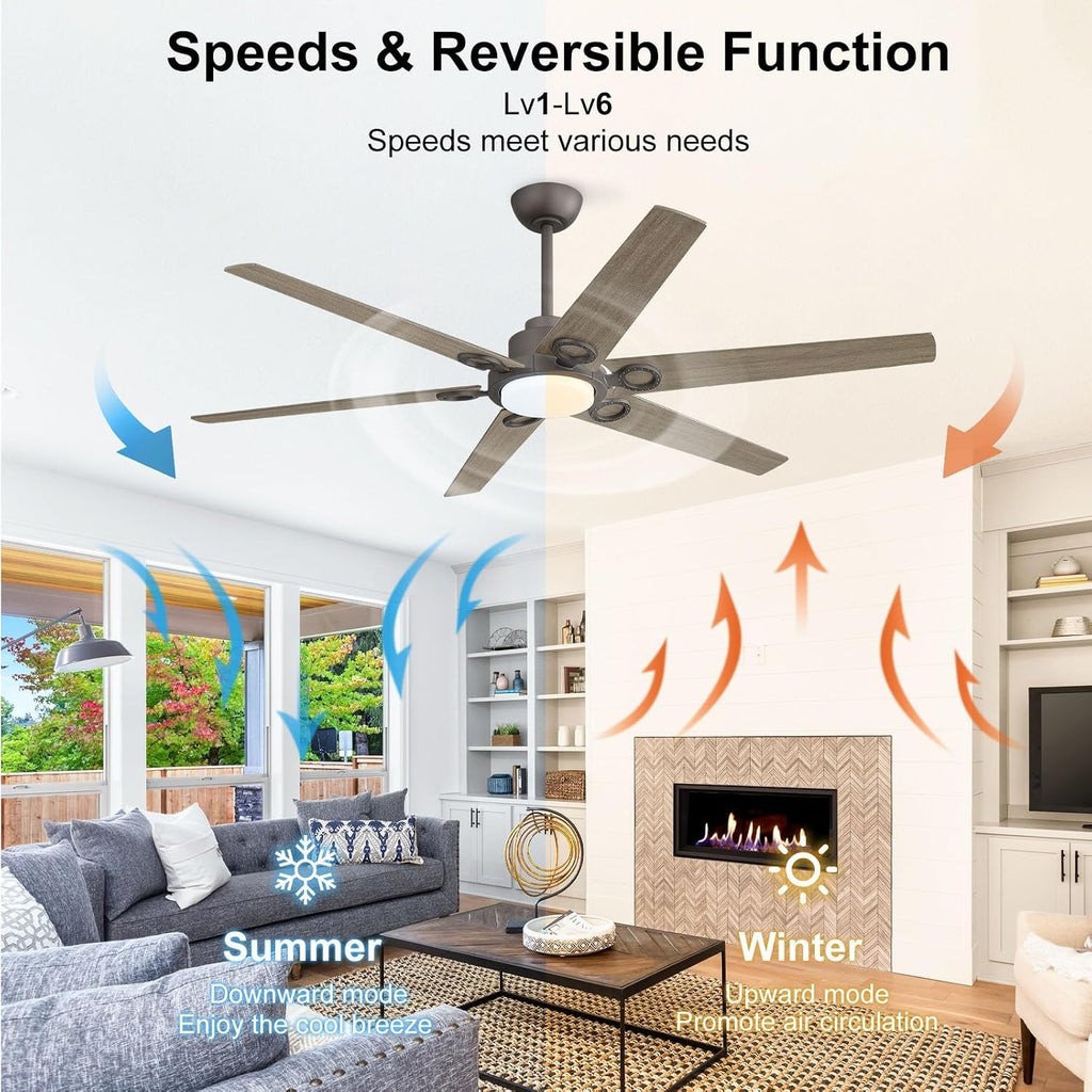 WINGBO Ceiling Fan with Lights - 64 inch Ceiling Fan with Remote,3CCT, Dimmable Light,6 Blades Modern Ceiling Fan, 6-Speed Noiseless Powerful DC Motor, ETL Listed, Indoor/Outdoor, Charcoal gray +Light