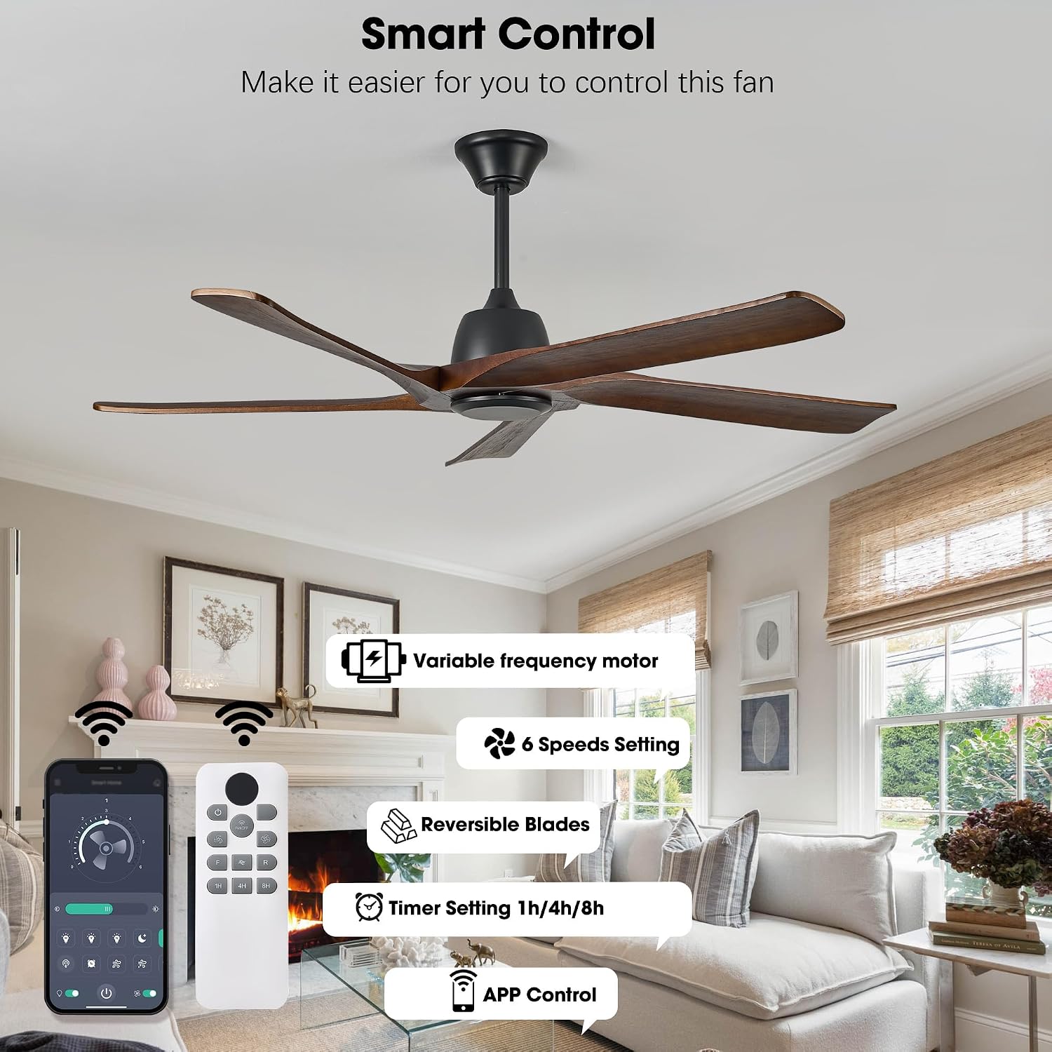 60 Inch Solid Wood Ceiling Fan No Lights, Remote and APP Control, DC Motor, 6-speed Reversible, Outdoor Ceiling Fans for Bedroom, Living Room, Office, Dark Walnut