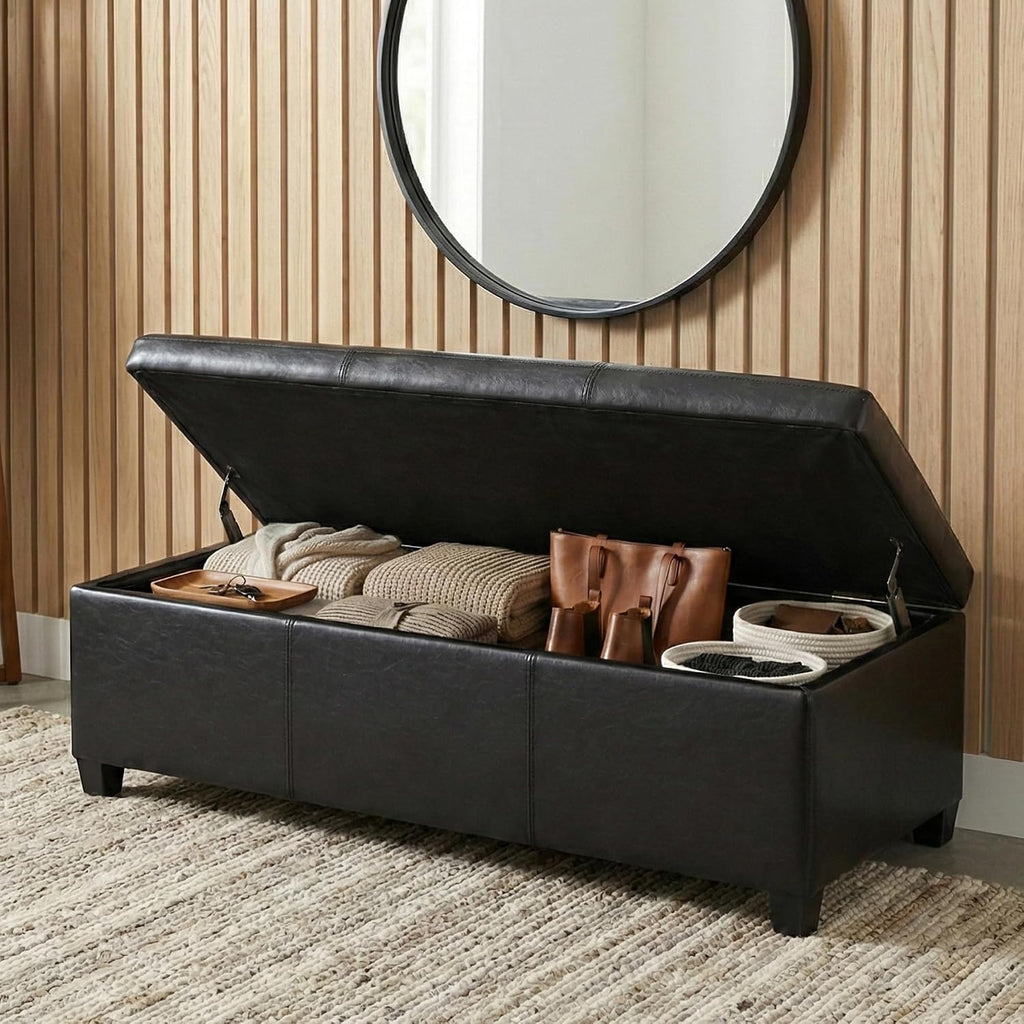 SIMPLIHOME Avalon Storage Ottoman Bench - 48' Wide x 16' High Upholstered Vegan Leather Rectangular Lift-Top Ottoman in Midnight Black, Contemporary Bench for Living Room with High-Density Foam