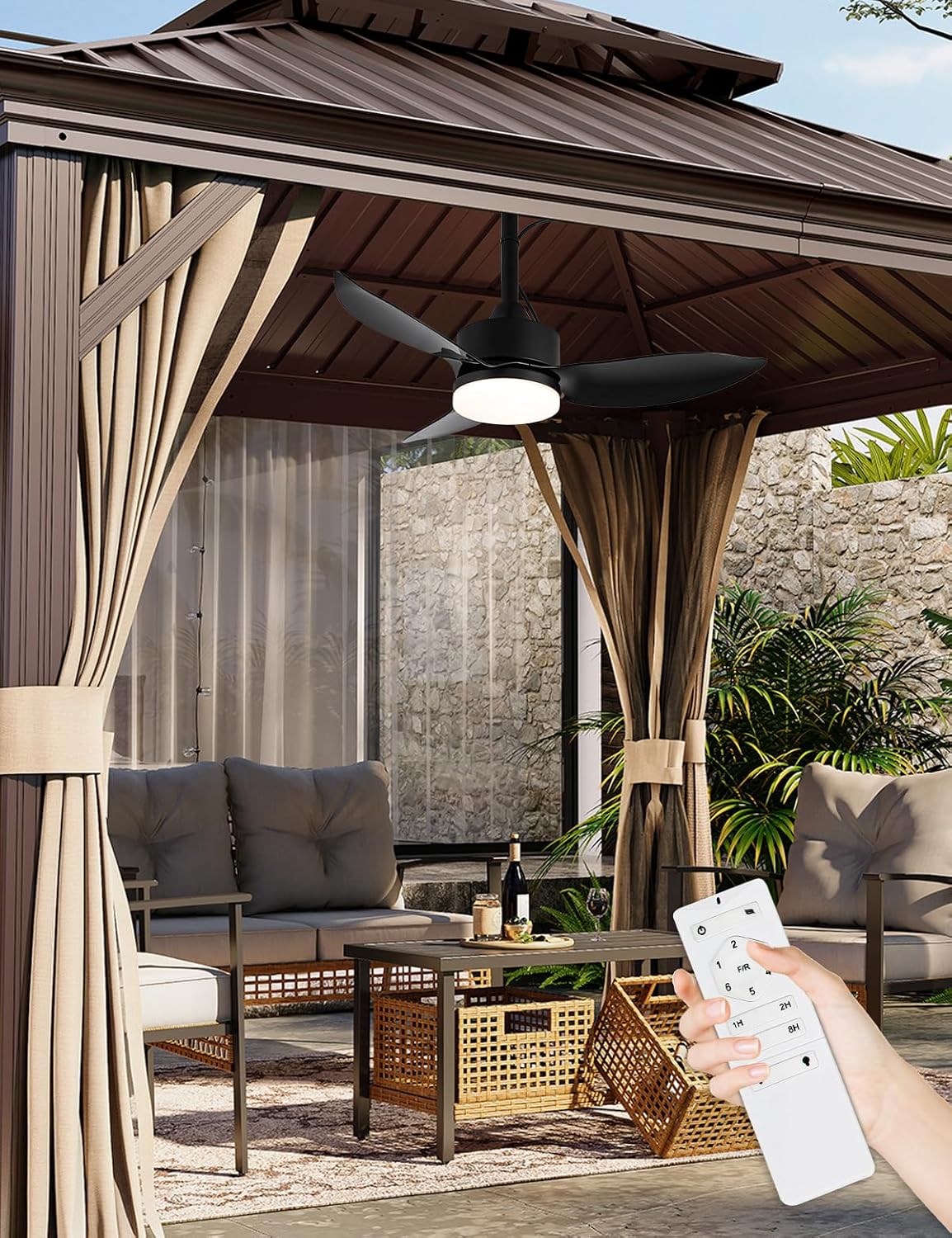EKIZNSN Outdoor Plug In Ceiling Fan with Light and Hook, 39' IP65 Waterproof Wet Rated Patio Ceiling Fans, Black