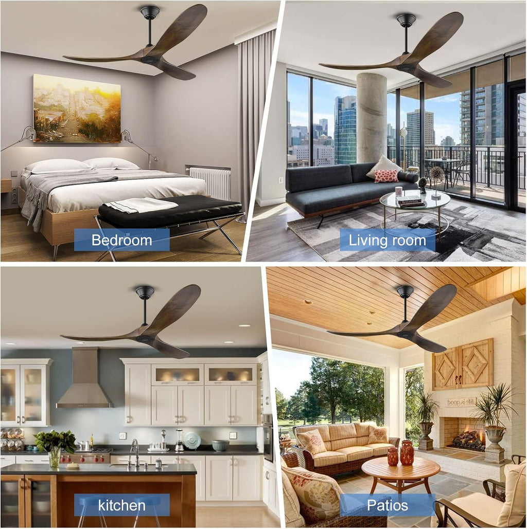 60 Inch Outdoor Ceiling Fan Without Light, 3 Blade Farmhouse Ceiling Fans with Quiet Reversible DC Motor, Wood Propeller Ceiling Fan for Living Room Bedroom Porch Exterior Patio Porch