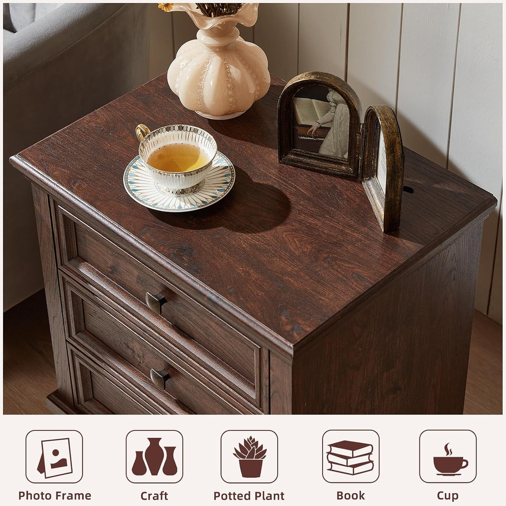 SAVOR LIFE Farmhouse Nightstand with 3 Drawers, Rustic Couch End Table with 4 Square Solid Wood Legs, Mid-Century Modern Bed Side Table with Storage, Small Dresser for Bedroom, Living Room, Walnut