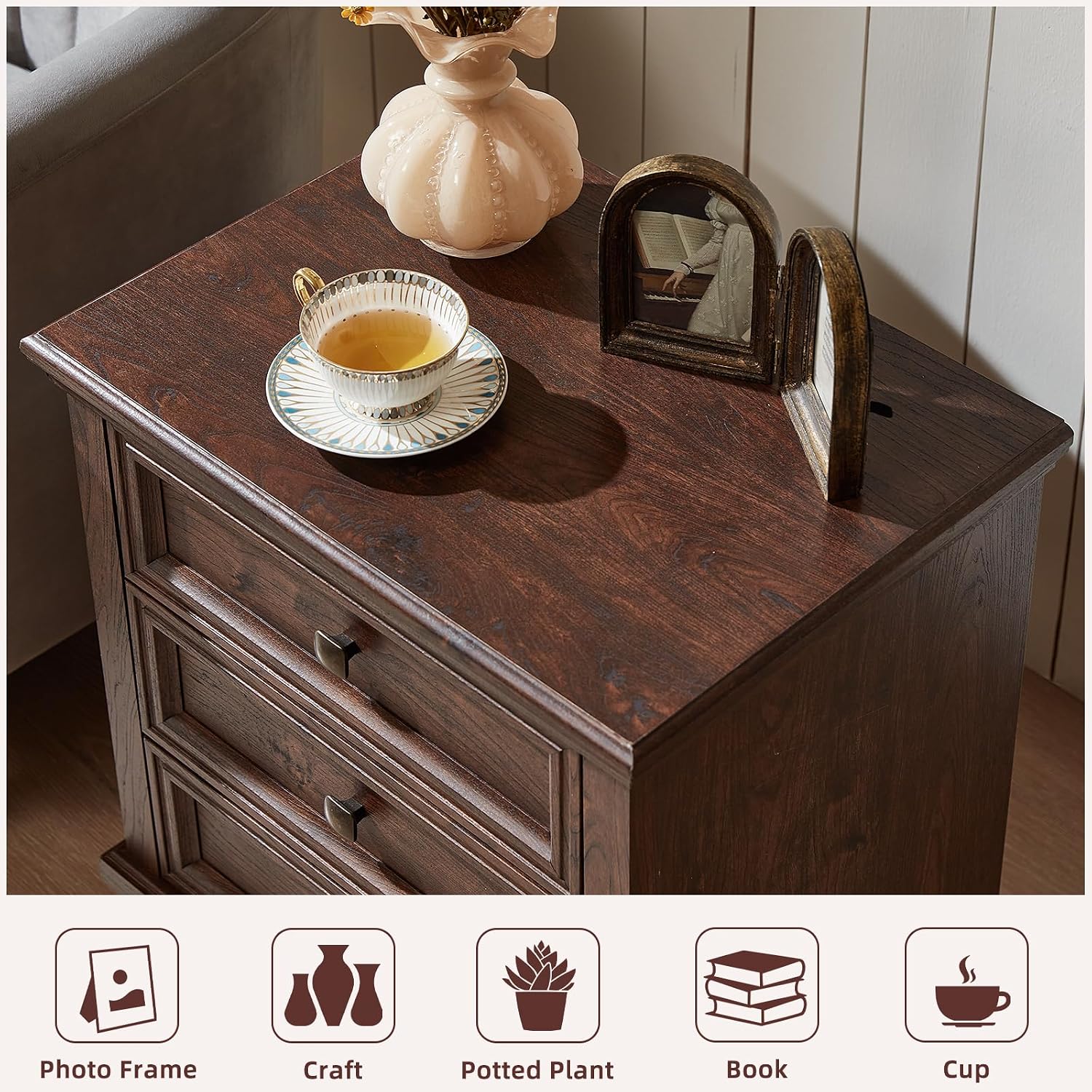 SAVOR LIFE Farmhouse Nightstand with 3 Drawers, Rustic Couch End Table with 4 Square Solid Wood Legs, Mid-Century Modern Bed Side Table with Storage, Small Dresser for Bedroom, Living Room, Walnut