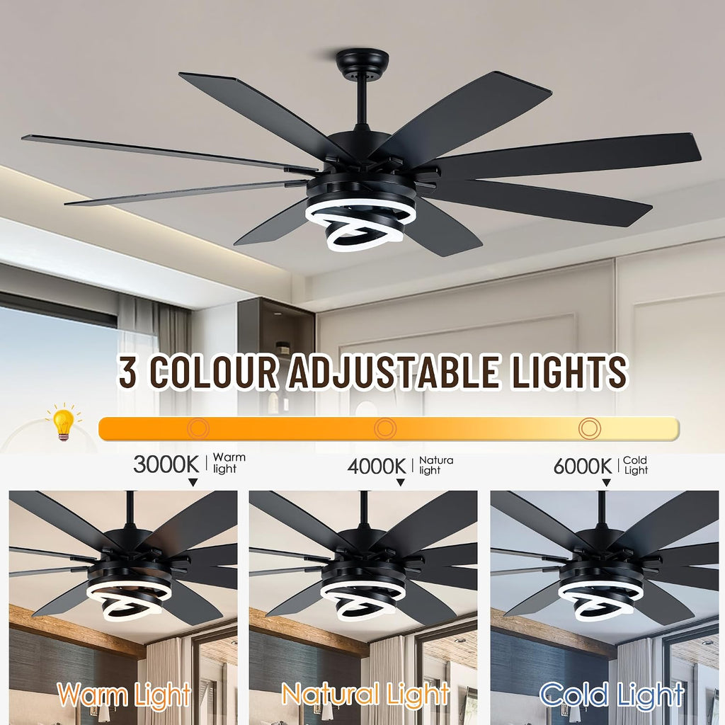 72'' Black Ceiling Fans with Lights and Remote, Indoor/Outdoor Large Chandelier Fan with DIY Rings LED,Fandelier Ceiling Fans with Lights for Living Room/Porch/Patio
