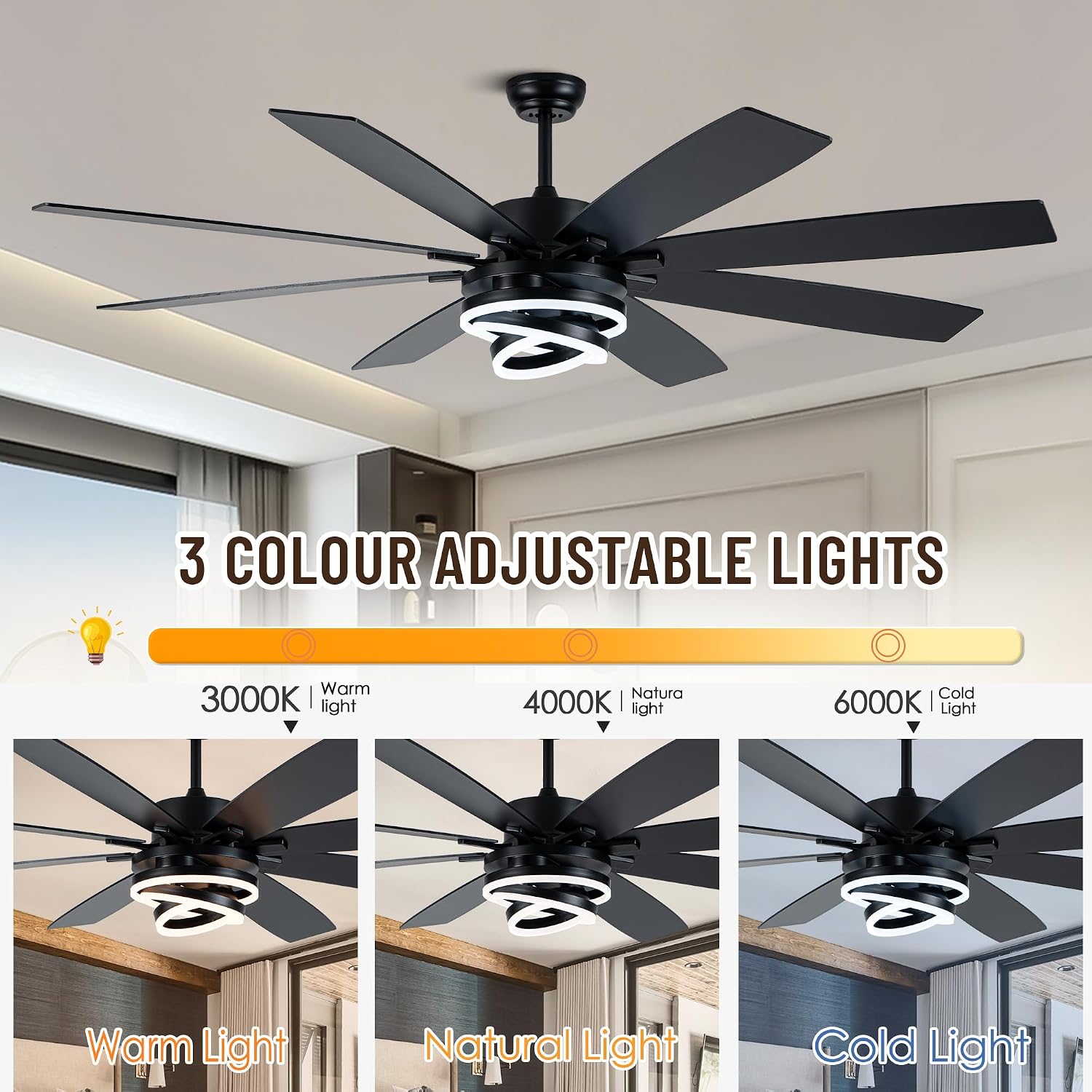 72'' Black Ceiling Fans with Lights and Remote, Indoor/Outdoor Large Chandelier Fan with DIY Rings LED,Fandelier Ceiling Fans with Lights for Living Room/Porch/Patio