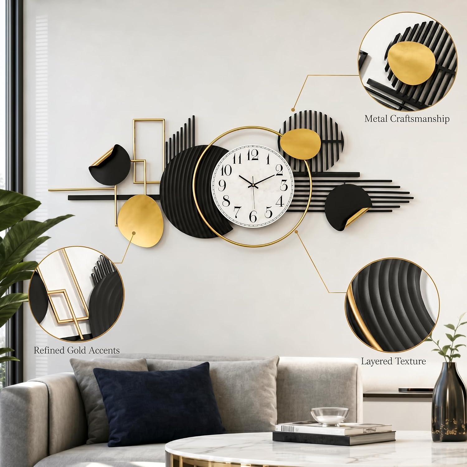 HAVFIFK 59' Large Metal Wall Clock,3D Silent Clock for Living Room | Layered Geometric Design, Easy to Install, Vertical or Horizontal Hanging Wall Art Decor for Bedroom, Dining Room, Office.