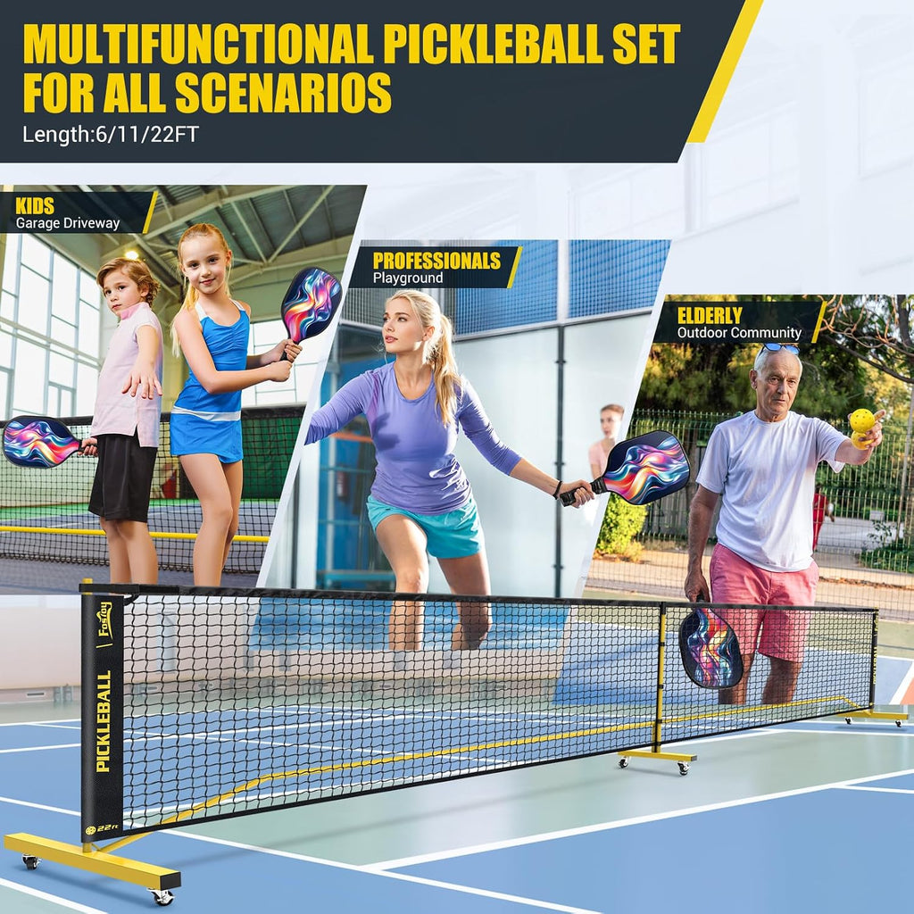Pickleball Set Net with 4 Paddles, 6FT/11FT/22FT Portable 3-in-1 Pickle Ball Net with Carry Bag, Pickleballs, Designed for All Weather Conditions