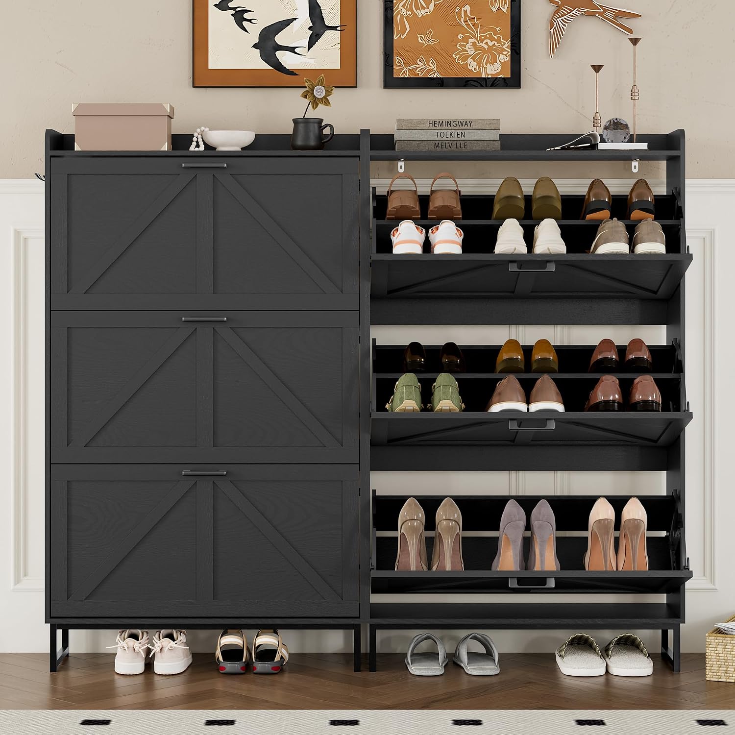 BORNOON Shoe Cabinet with 3 Flip Drawers Narrow Shoe Storage Cabinet Organizer Wooden Freestanding Shoe Rack Hidden Slim Shoes Storage Cabinet for Entryway, Hallway, Living Room, Bedroom