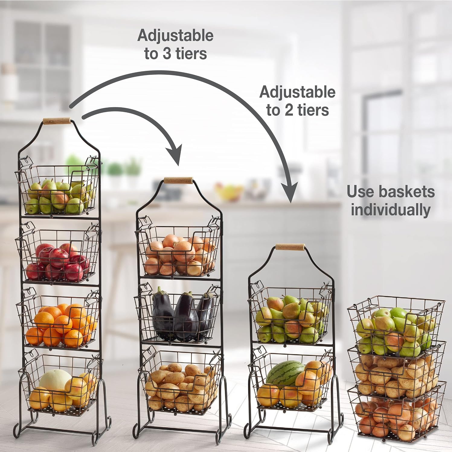 Mikasa Gourmet Basics Ferme 4-Tier Market Basket - Antique Black Wire and Acacia Wood Handle, Kitchen Fruit Vegetable Storage Organizer, 13.5 x 11.5 x 51 Inches