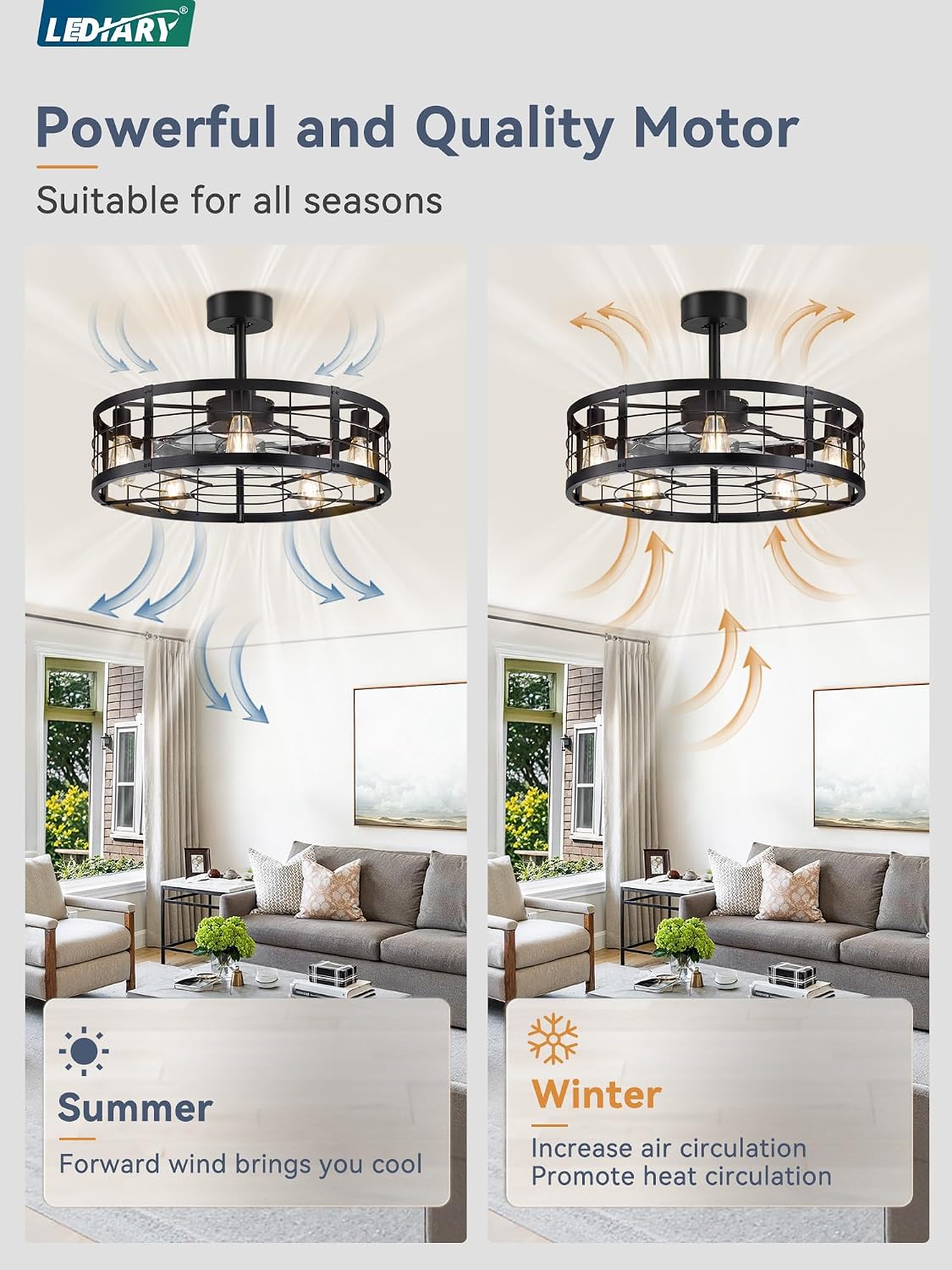 LEDIARY 26 inch Fandelier Caged Ceiling Fan with Light, Bladeless Ceiling Fan with Remote, Farmhouse Fan Lights Ceiling Fixtures for Kitchen, Bedroom, Outdoor(6 Speed, Timing)-Black