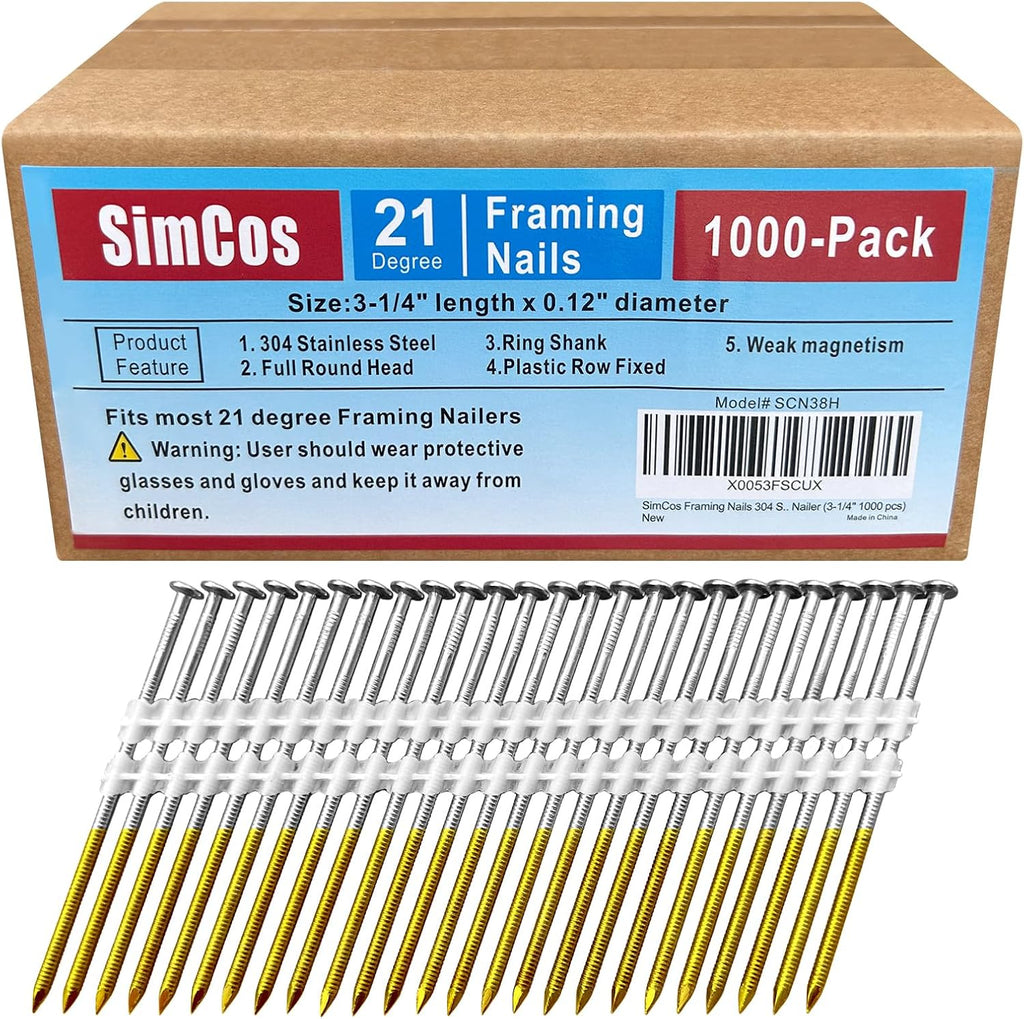 Framing Nails 304 Stainless Steel 21° Full Round Head Nail 21 Degree Ring 3-1/4' Shank Nail for Pneumatic, Electric 21 degree Framing Nailer (3-1/4' - 1000 pcs)