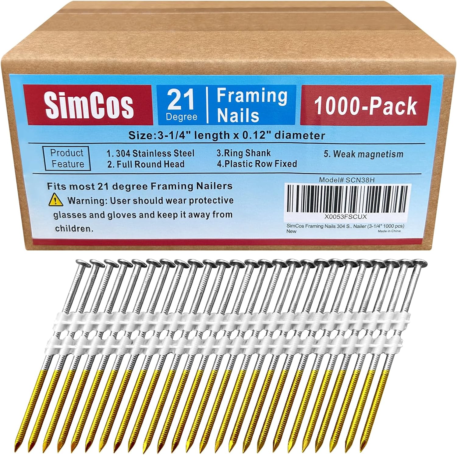 Framing Nails 304 Stainless Steel 21° Full Round Head Nail 21 Degree Ring 3-1/4' Shank Nail for Pneumatic, Electric 21 degree Framing Nailer (3-1/4' - 1000 pcs)
