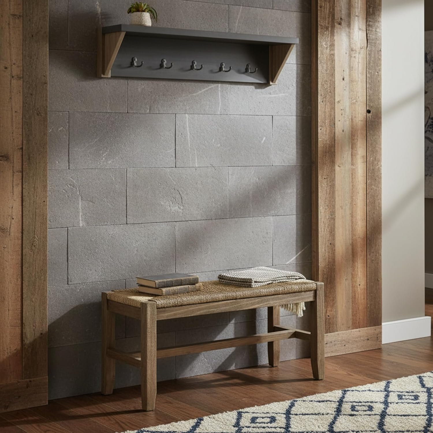 Alaterre Furniture Newport 40' Coat Hook with Shelf and Rush Bench Set