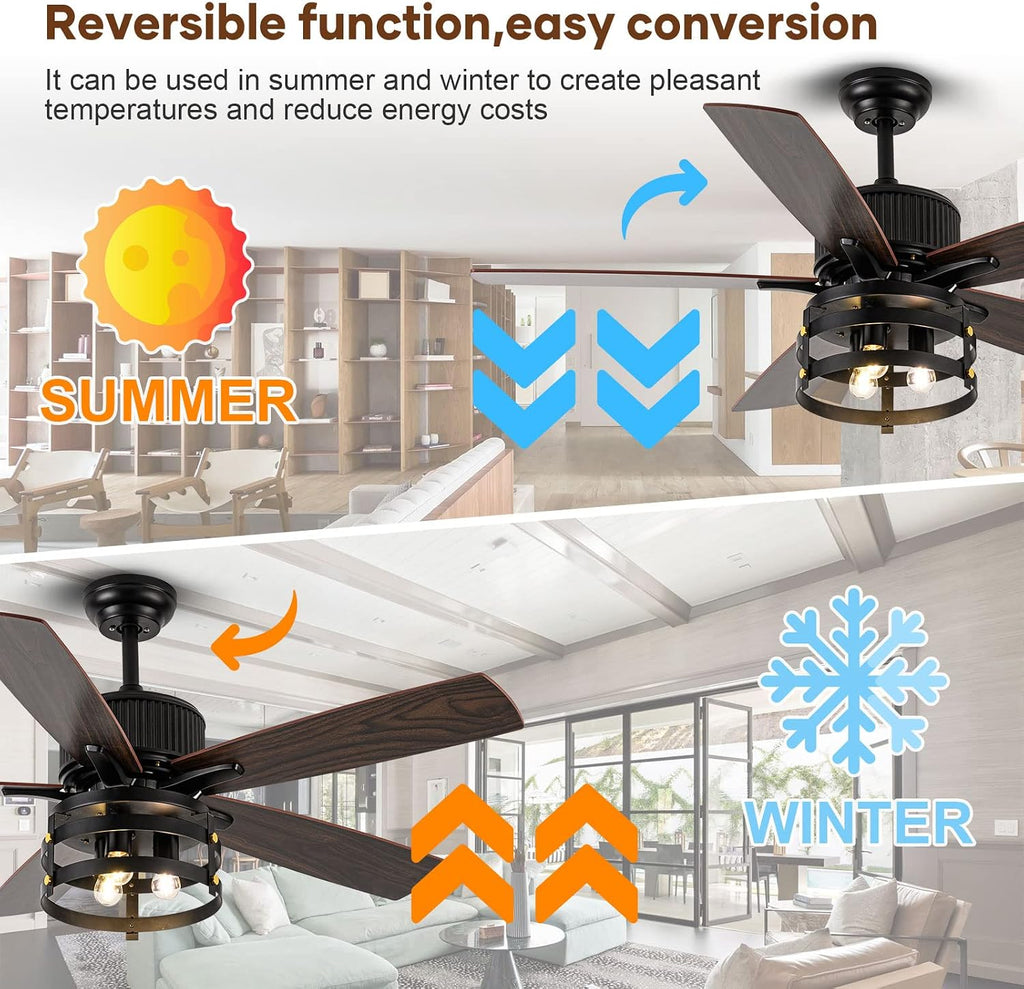 Farmhouse Rustic Ceiling Fans With Lights and Remote, Outdoor Ceiling Fan For Patios With Light, 52 In Flush Mount Ceiling Fan 5 Blade Dual Finish, Reversible DC Quiet Motor for indoor/outdoor