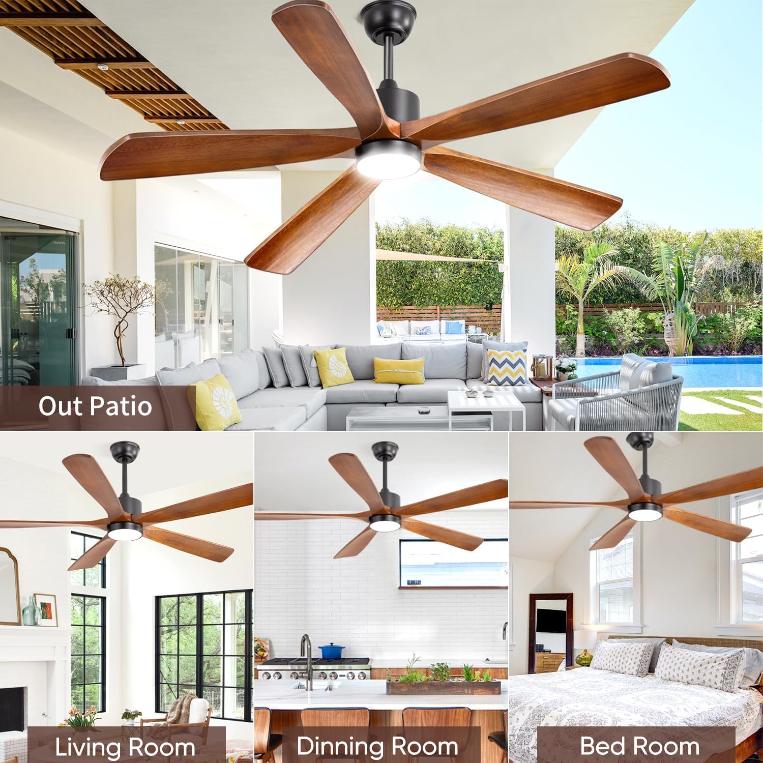 52 Inch Ceiling Fan with Light - 5 Walnut Wood Blades, UL Damp Rated for Indoor & Outdoor, 3 Color LED (3000K-6500K), DC Motor, 6-Speed Reversible Remote, Farmhouse Bedroom