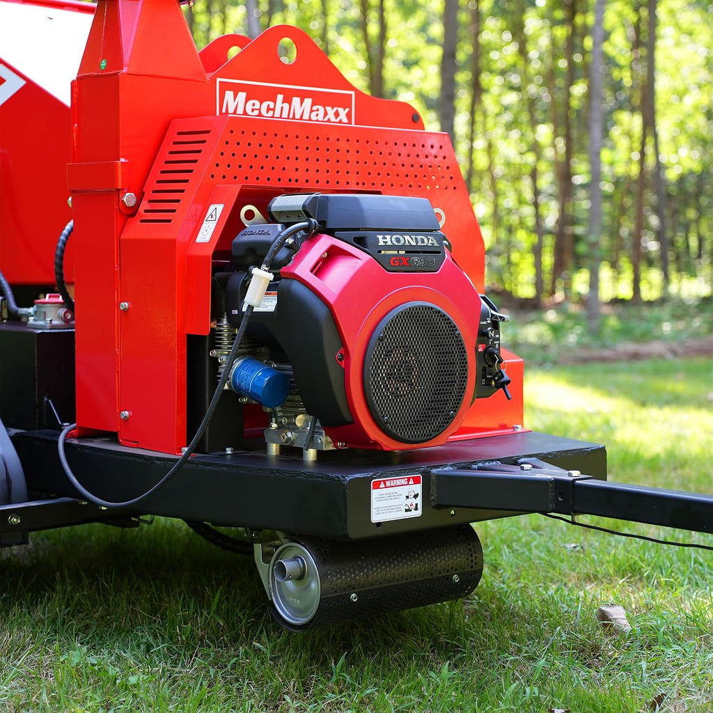 MechMaxx 7'' inch Honda 688cc 22HP Twin Cylinder Electric Starting Gasoline Powered Engine Hydraulic Feeding Towable Wood Chipper Shredder Mulcher with Towbar/Tail Light/Emergency Stop Bar, DCH7