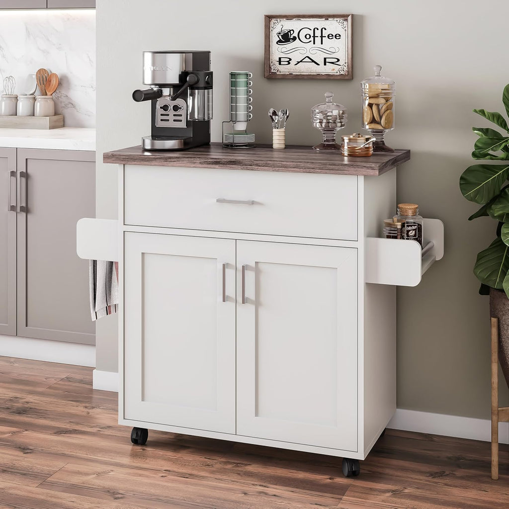 Deluxe Mobile Kitchen Island Cart with Water Resistant Top, Storage Cabinets, Adjustable Shelves, Spice Rack & Paper Towel Holder, Coffee Bar or Rolling Kitchen Cart with and Locking Wheels