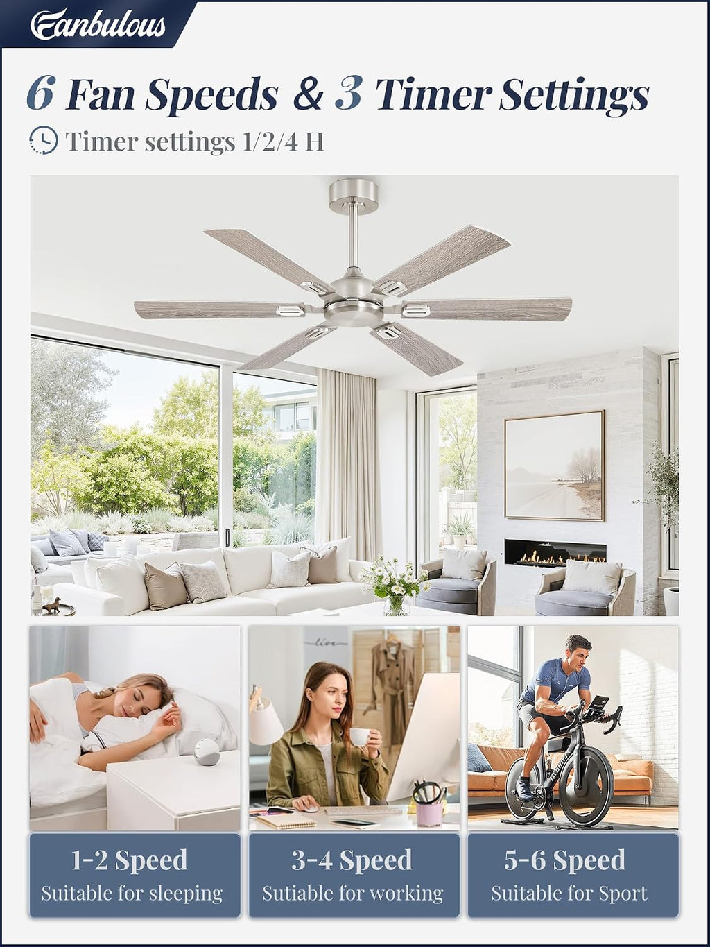 Fanbulous 52 Inch Ceiling Fans No Light with Remote, Modern Ceiling Fan Without Light, Dual Finish 6 Blades, Reversible Quiet DC Motor, 6 Speed, Large Ceiling Fan for Indoor or Covered Outdoor, Nickel