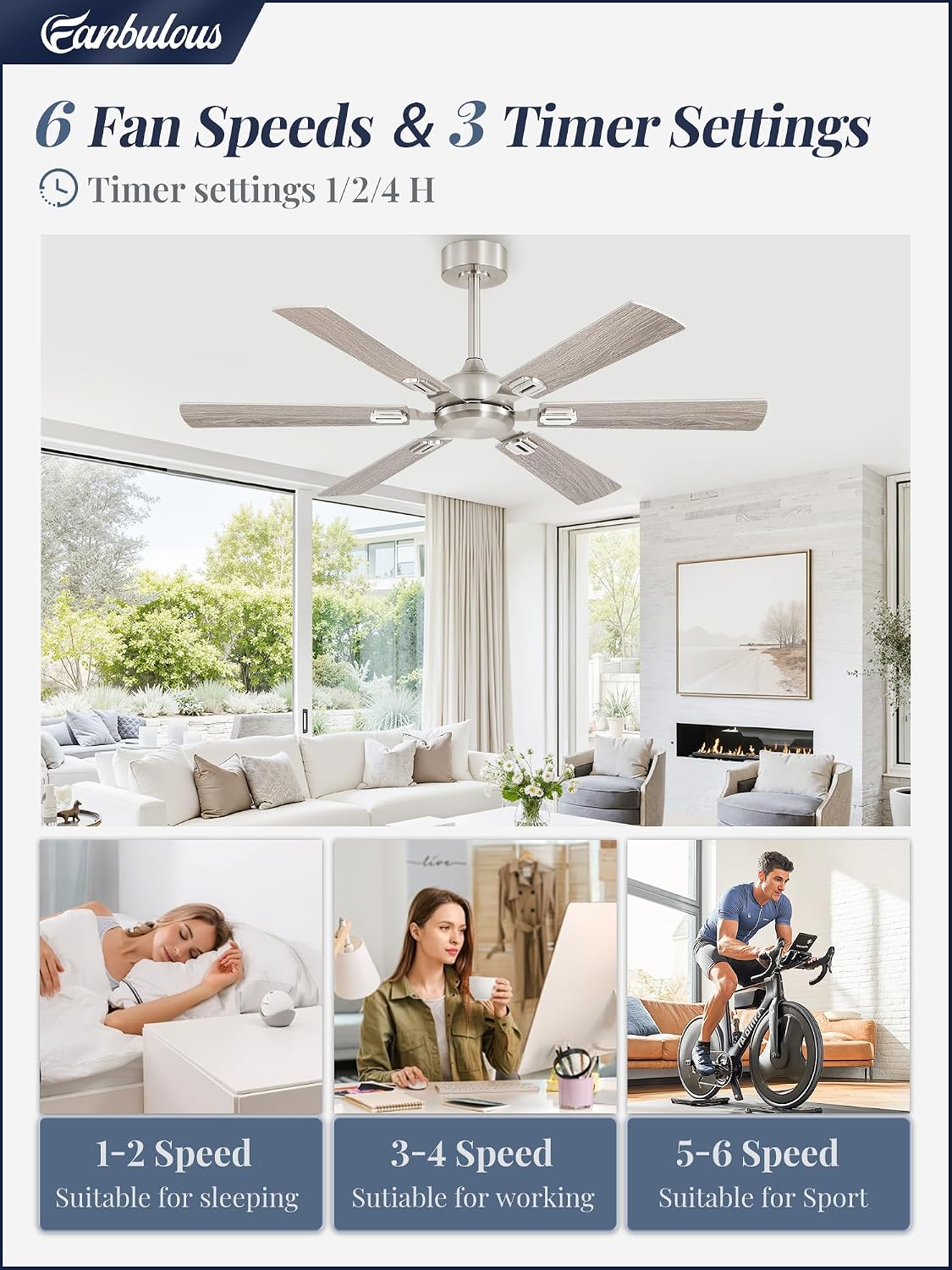 Fanbulous 52 Inch Ceiling Fans No Light with Remote, Modern Ceiling Fan Without Light, Dual Finish 6 Blades, Reversible Quiet DC Motor, 6 Speed, Large Ceiling Fan for Indoor or Covered Outdoor, Nickel