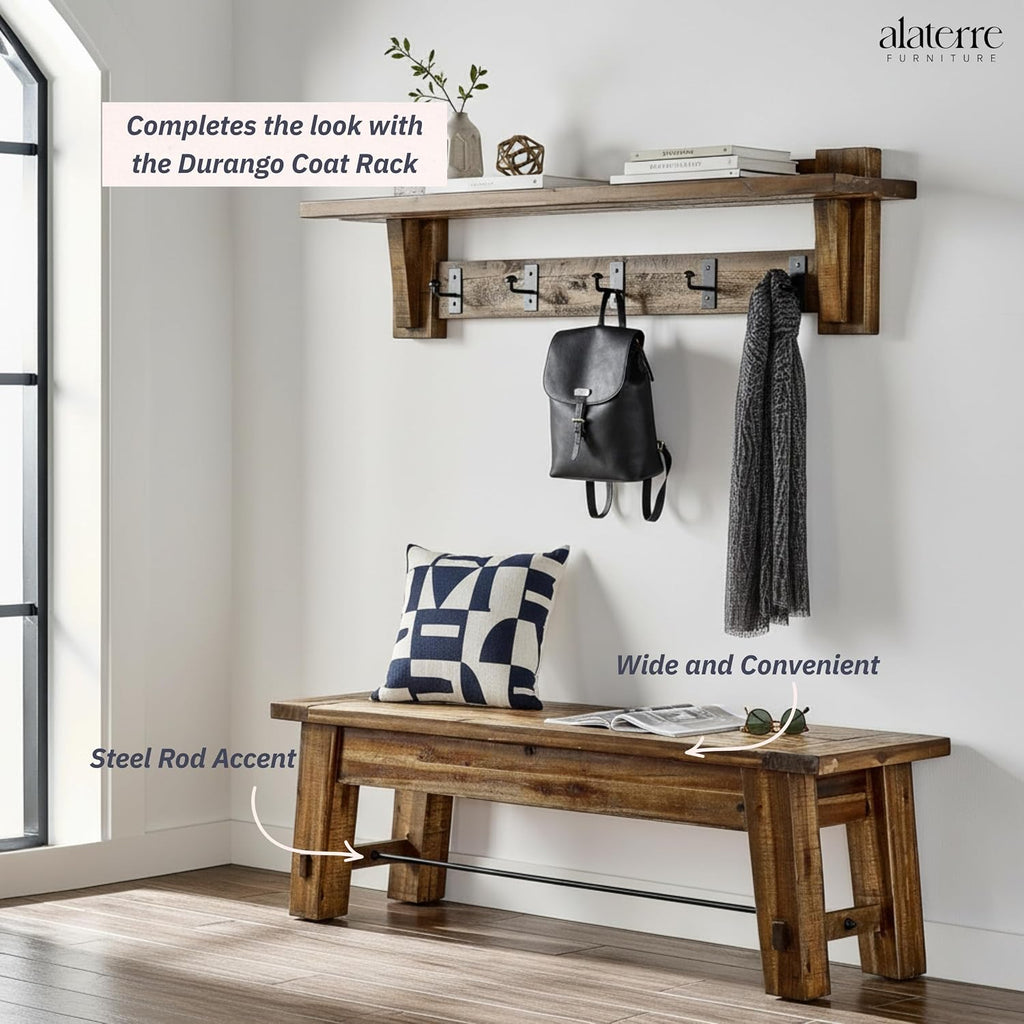 Alaterre Furniture Durango 60 Inch Solid Wood Entryway Organizer - Modern Farmhouse Bench with Metal Accent Bar for Entryway, Dining Room, Kitchen, or Bedroom (Natural)