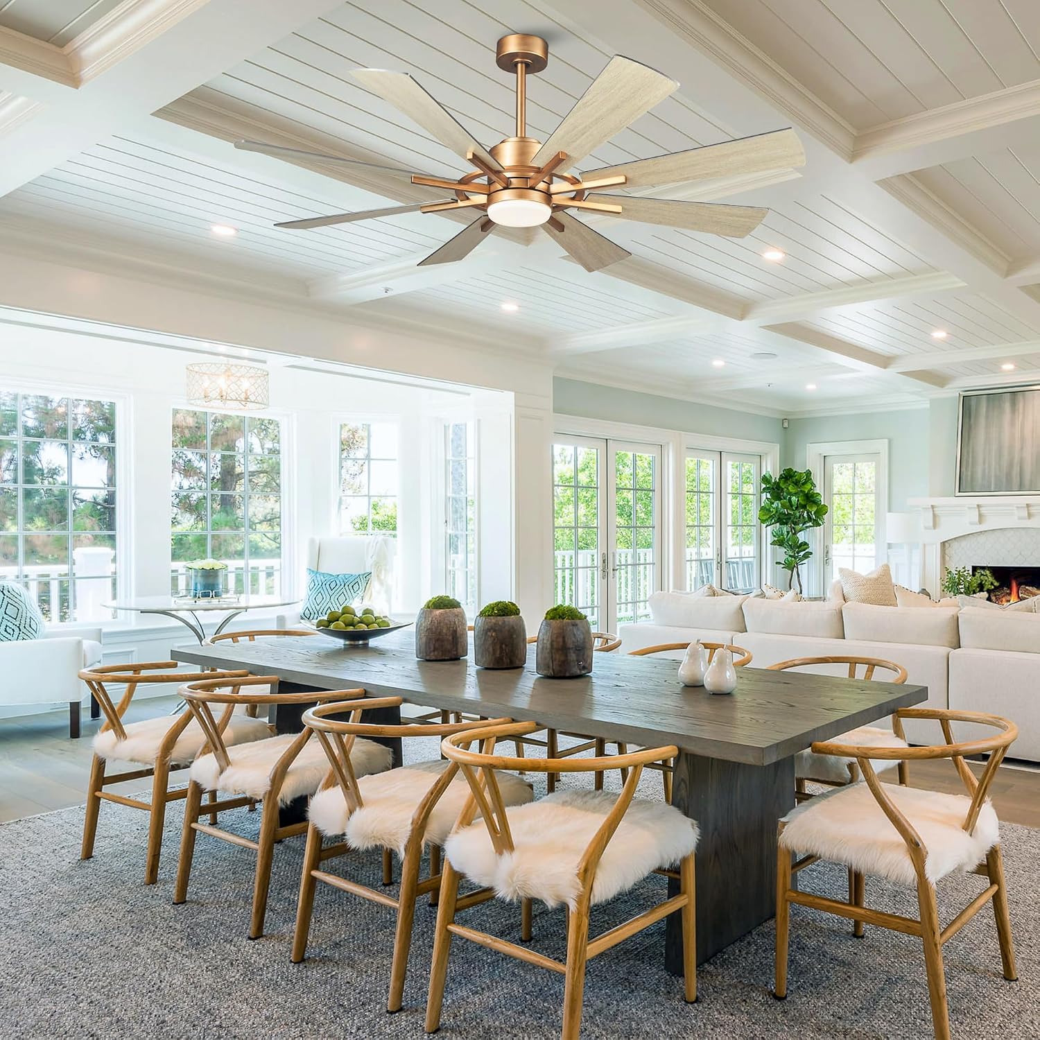 60 Inch Gold Ceiling Fan with Lights and Remote, Large Industrial Ceiling Fan Indoor & Outdoor for Gazebo Living Room Garage, Quiet DC Motor, 3 CCT, 6 Speed, Modern High Airflow Big Ceiling Fan