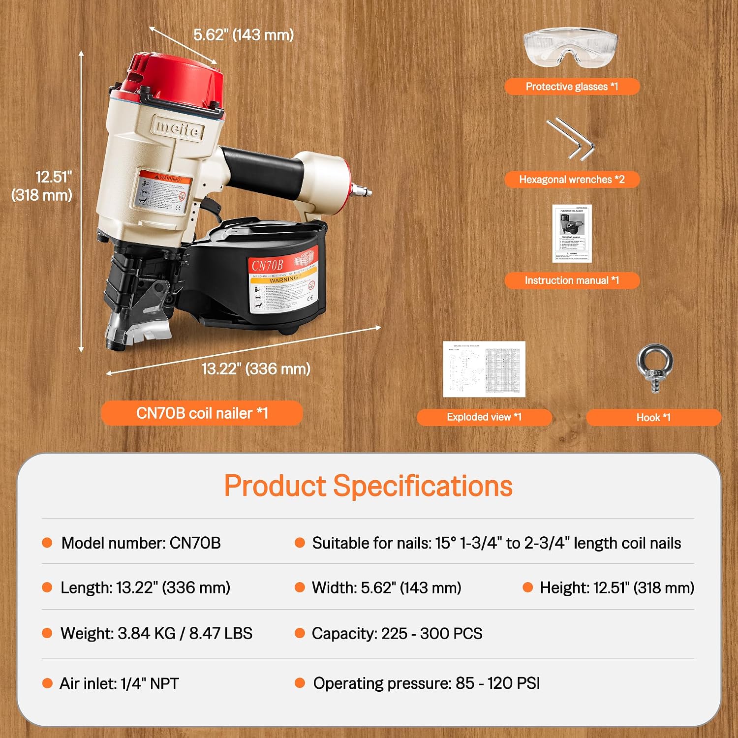 meite CN70B Pneumatic Coil Nailer with 15 Degree Siding Nails 2' × .099'' - Air Coil Nail Gun with 400PCS Magazine, 360° Adjustable Exhaust for Framing Sheathing Pallets Hardwood Projects
