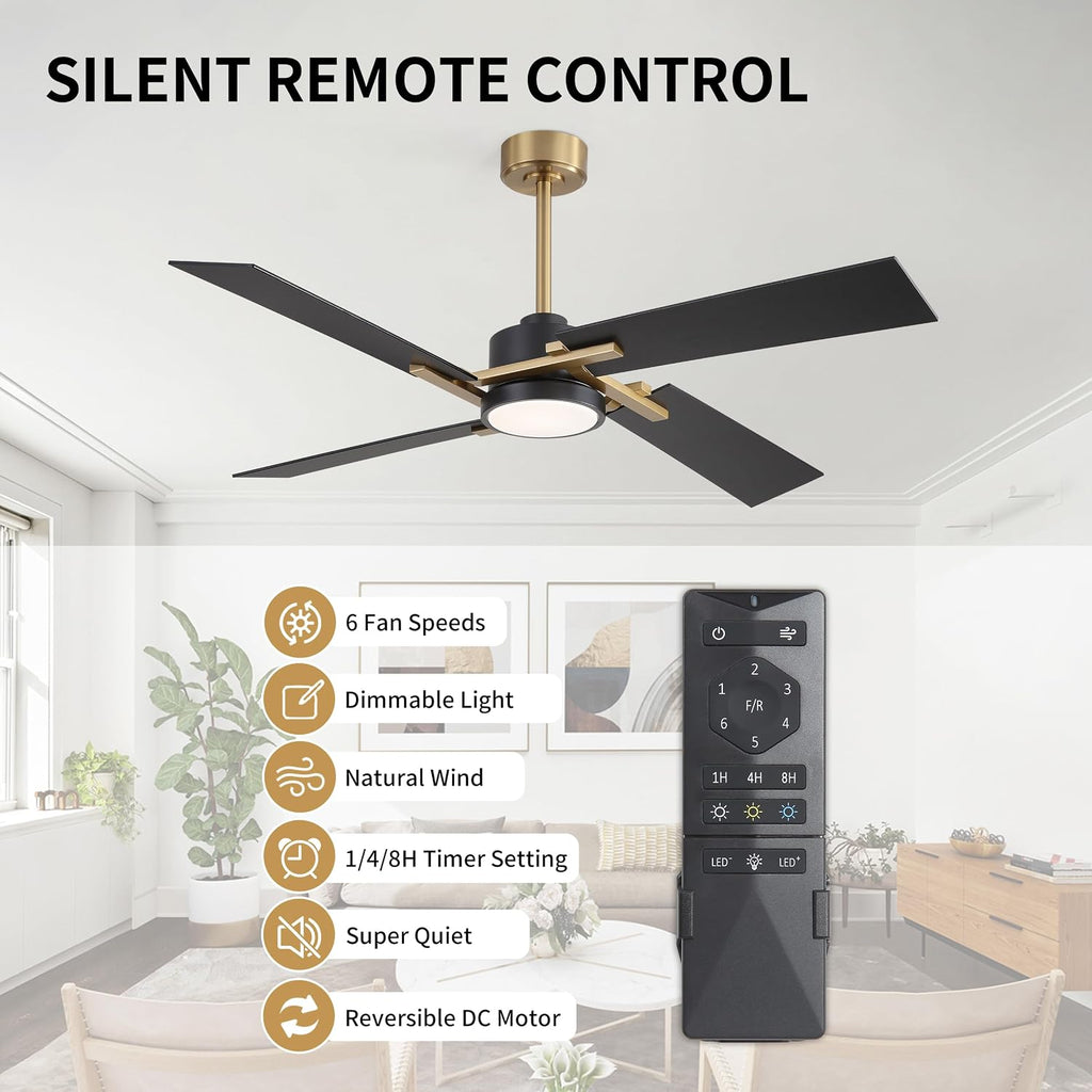 WINGBO 54 Inch Ceiling Fan with Light and Remote, 4 Plywood Blades, 6-Speed Reversible DC Motor, Dimmable, 3CCT, Farmhouse Ceiling Fan for Bedroom Living Room Kitchen, Brass and Black