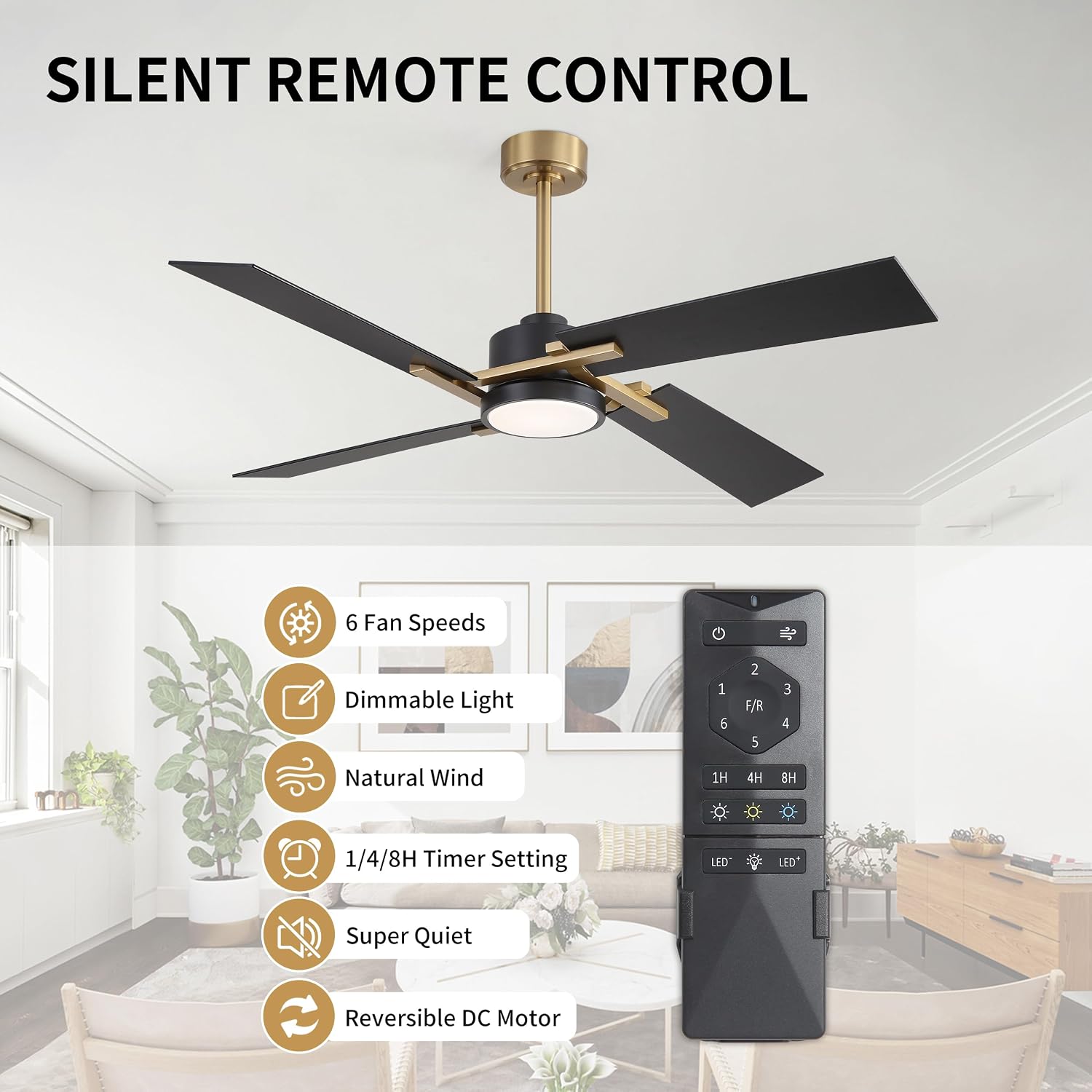 WINGBO 54 Inch Ceiling Fan with Light and Remote, 4 Plywood Blades, 6-Speed Reversible DC Motor, Dimmable, 3CCT, Farmhouse Ceiling Fan for Bedroom Living Room Kitchen, Brass and Black