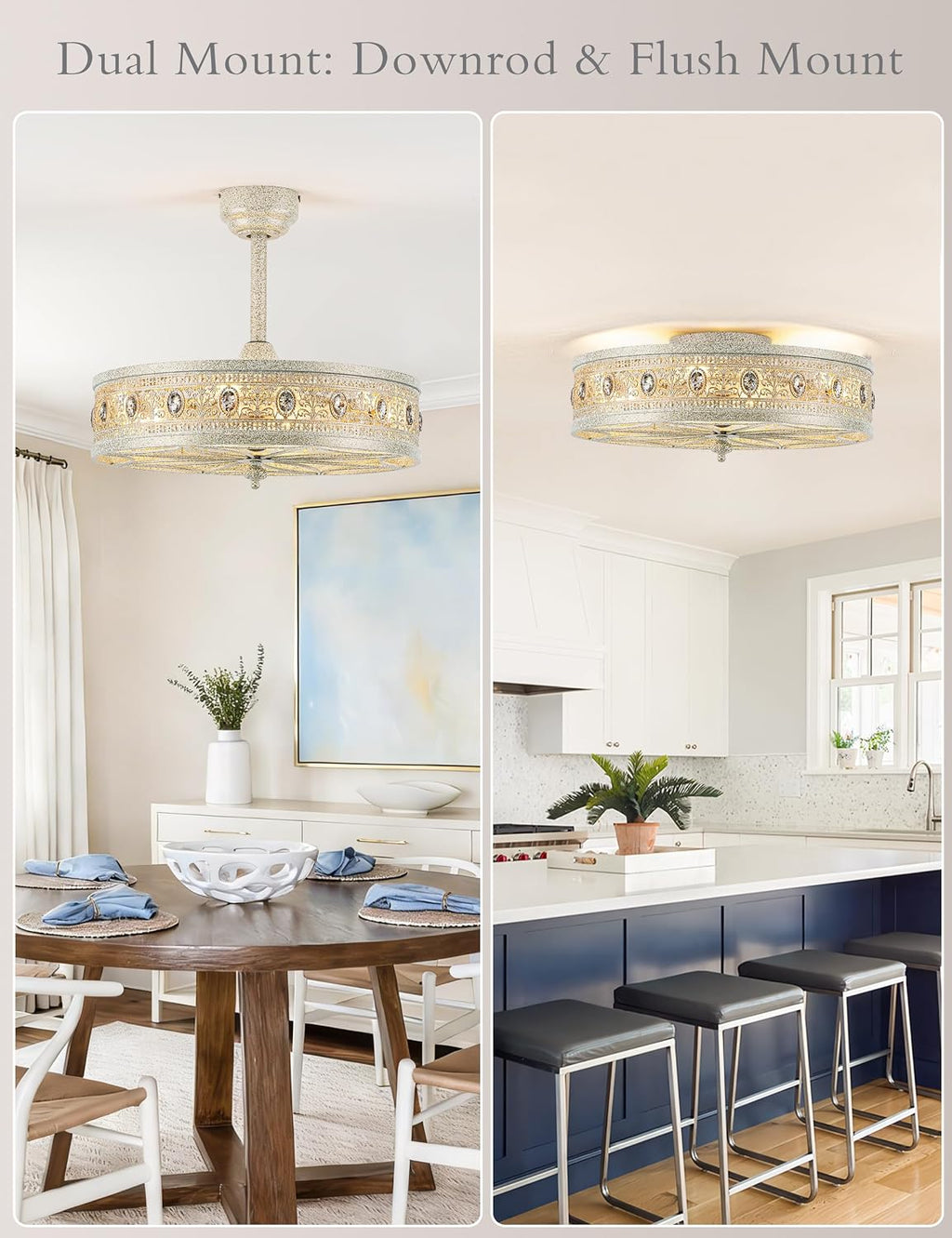 Crystal Chandelier Ceiling Fan with Light,French Coastal Ornate Caged Bladeless Fandelier,Elegant Decorative Round Light Fixture,Hanging/Flush Mount for Bedroom,Kitchen Island,Dining Room,Living Room