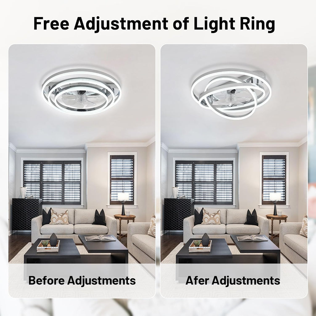 24' Modern Ceiling Fans with Lights and Remote Control,Reversible DC Motor,Dimmable,DIY Rings LED,Flush Mount Low Profile Ceiling Fan with Light for Living Room/Dining Room/Bedroom
