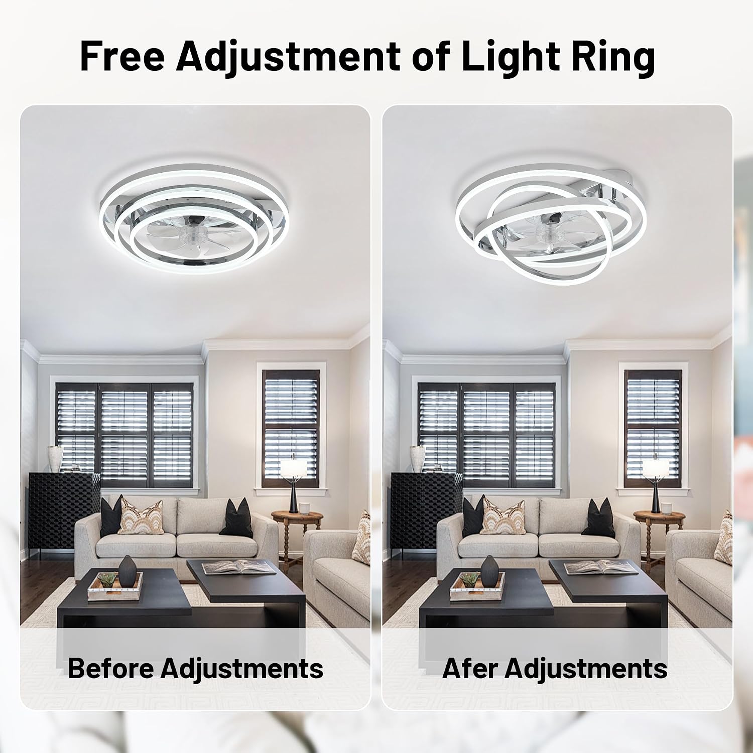 24' Modern Ceiling Fans with Lights and Remote Control,Reversible DC Motor,Dimmable,DIY Rings LED,Flush Mount Low Profile Ceiling Fan with Light for Living Room/Dining Room/Bedroom
