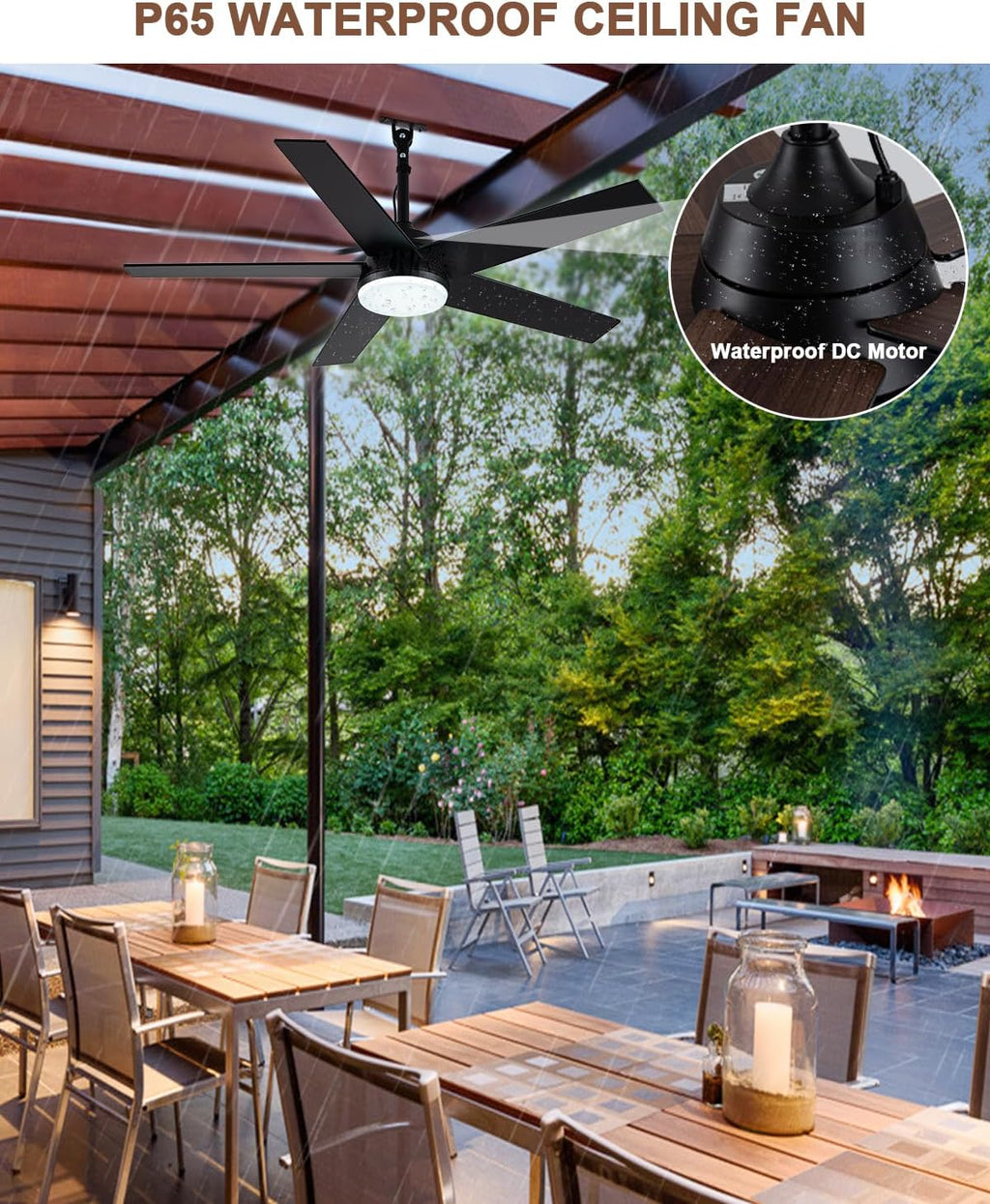 48 Inch Waterproof Outdoor Ceiling Fan with Lights, IP65 Hanging Gazebo Fan with App/Remote Control, 5-Blade Plug in Ceiling Fan Light with 6-Speed Reversible, Dimmable, Timer, (Black)