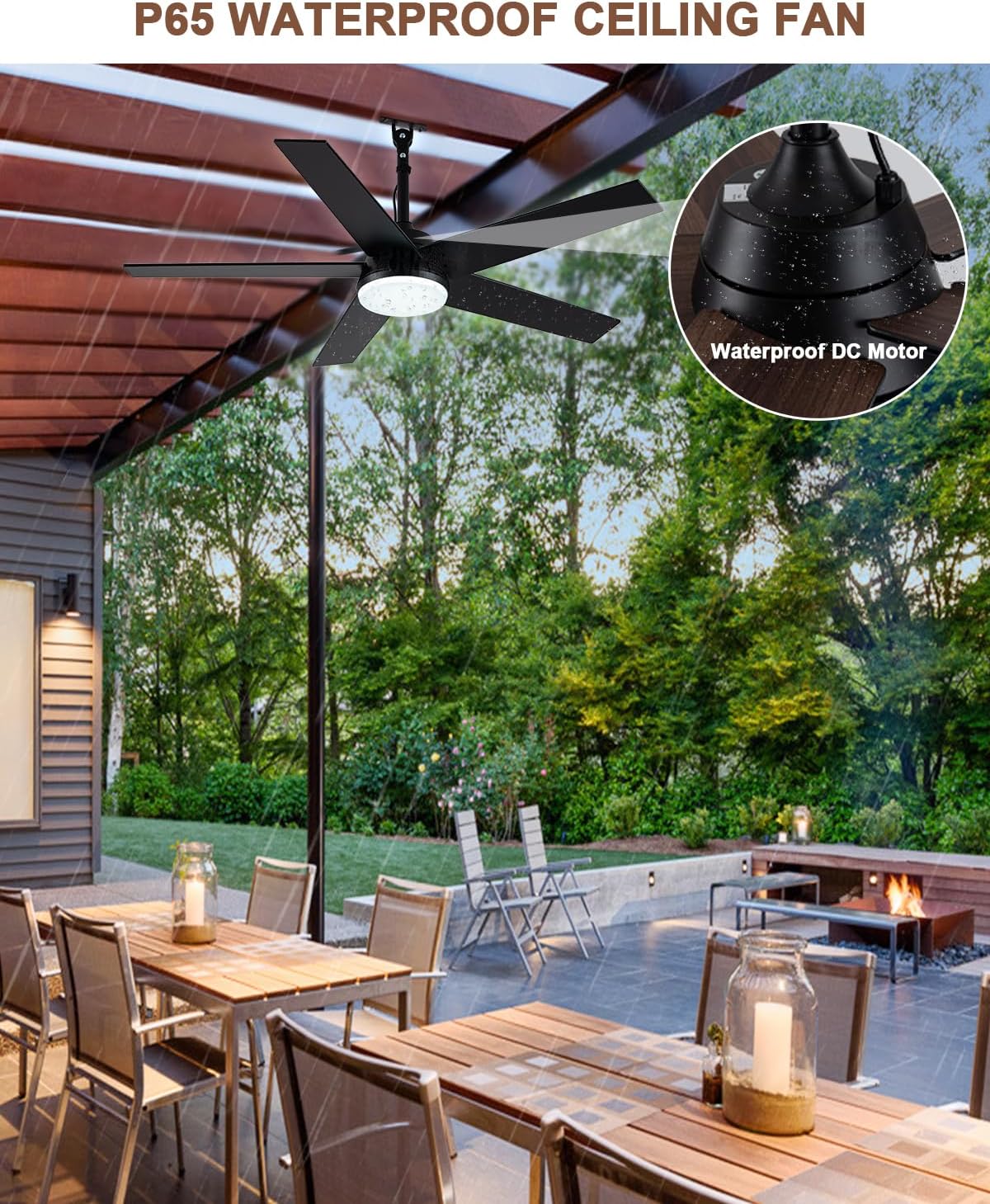 48 Inch Waterproof Outdoor Ceiling Fan with Lights, IP65 Hanging Gazebo Fan with App/Remote Control, 5-Blade Plug in Ceiling Fan Light with 6-Speed Reversible, Dimmable, Timer, (Black)