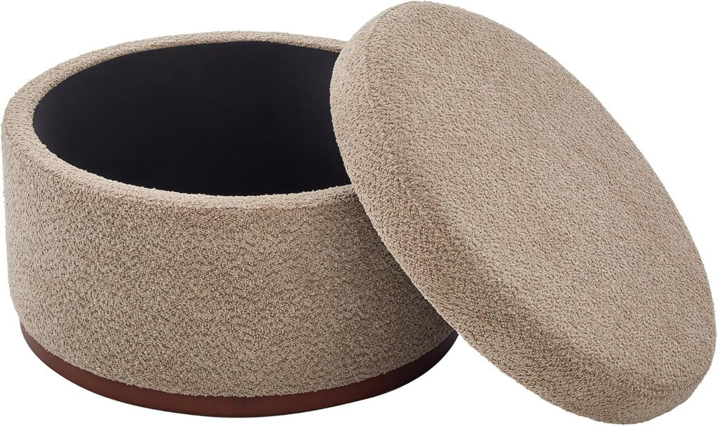 Christopher Knight Home Sadin Modern Round Ottoman with Storage for Living Room, Lift-Lid Storage Ottoman Coffee Table, Chenille Upholstered Ottoman Foot Rest, No Assembly Needed, Light Brown