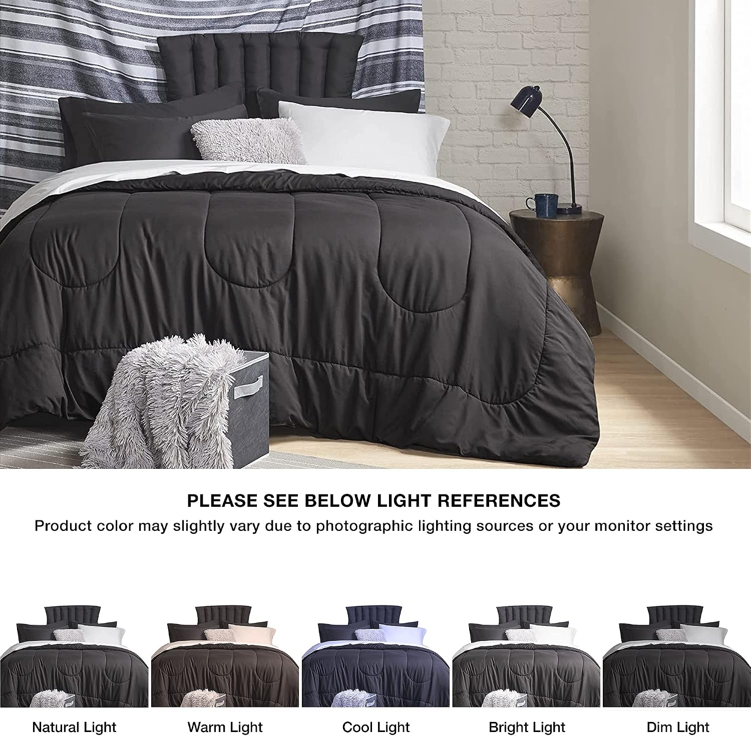 Comfort Spaces 17 Piece Bed in A Bag Comforter Set Include Sheets with 2 Side Pockets - All Season Cozy Bedding and Bedroom Organizer, College Dorm Room Essentials, Queen, Vincent, Black