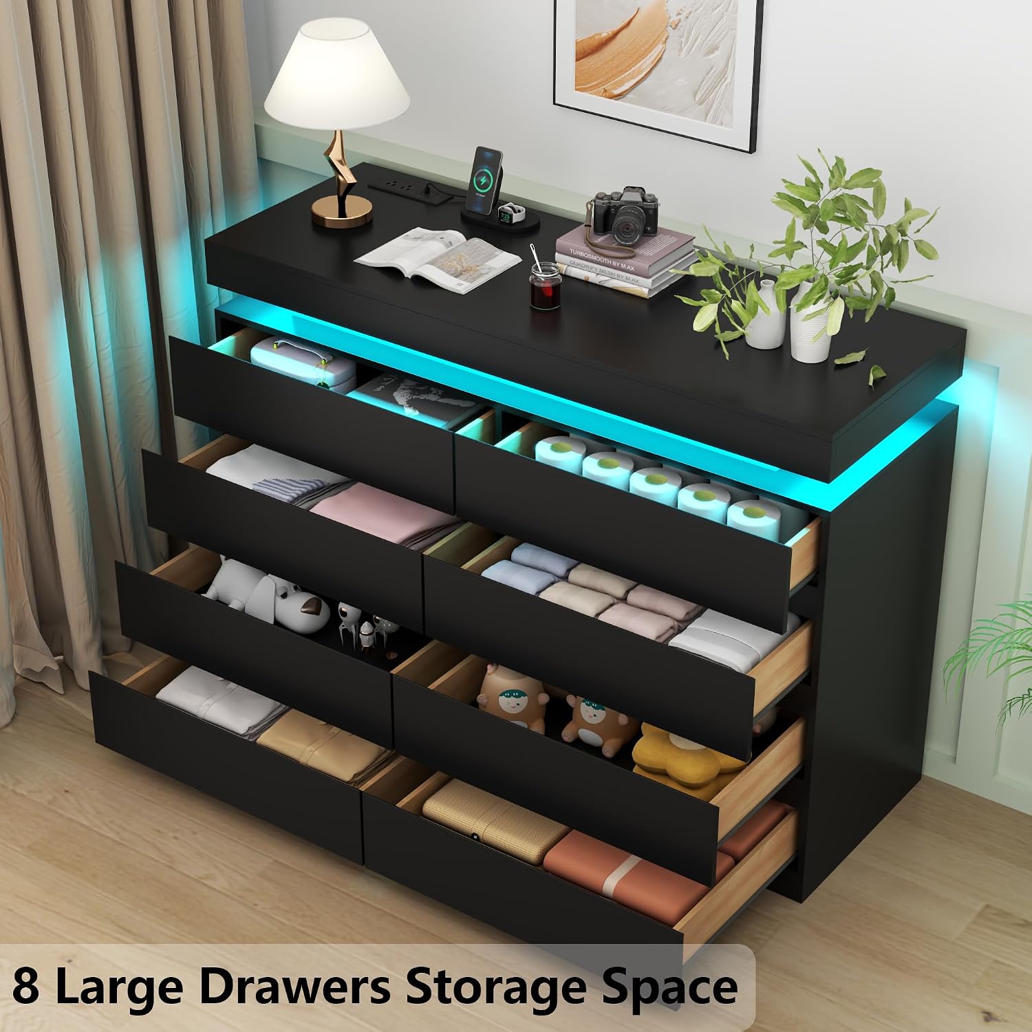 Gyfimoie 8 Drawer Dresser with Power Outlet, Dresser with LED Light, Modern Chest of Drawers for Closet, Double Wide Drawer Organizer Cabinet for Bedroom, Living Room (Black, 8 Drawers)
