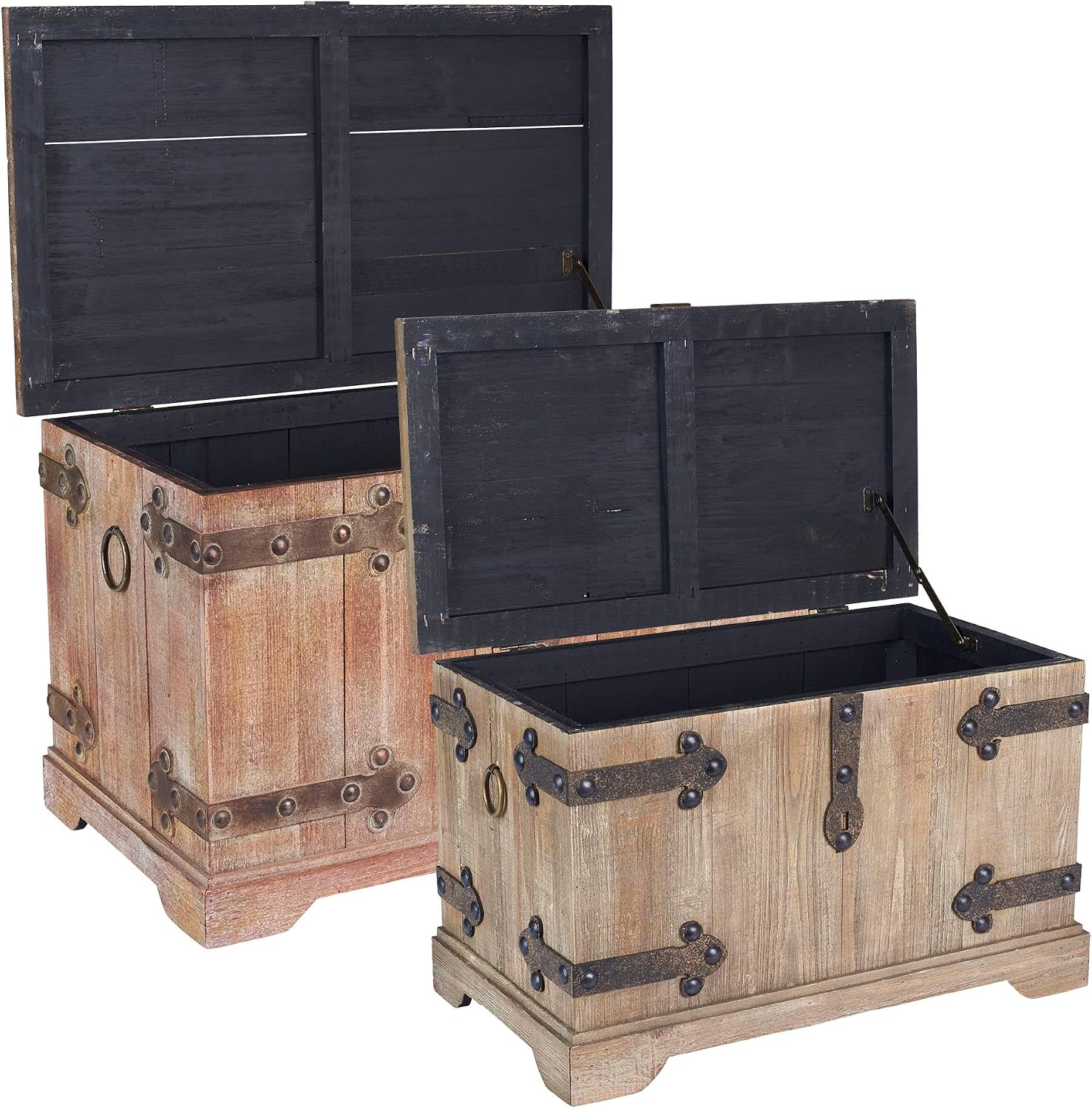 Household Essentials Victorian Style Decorative Trunk in Chinese Fir Wood with Metal Accents, Natural, Set of 2