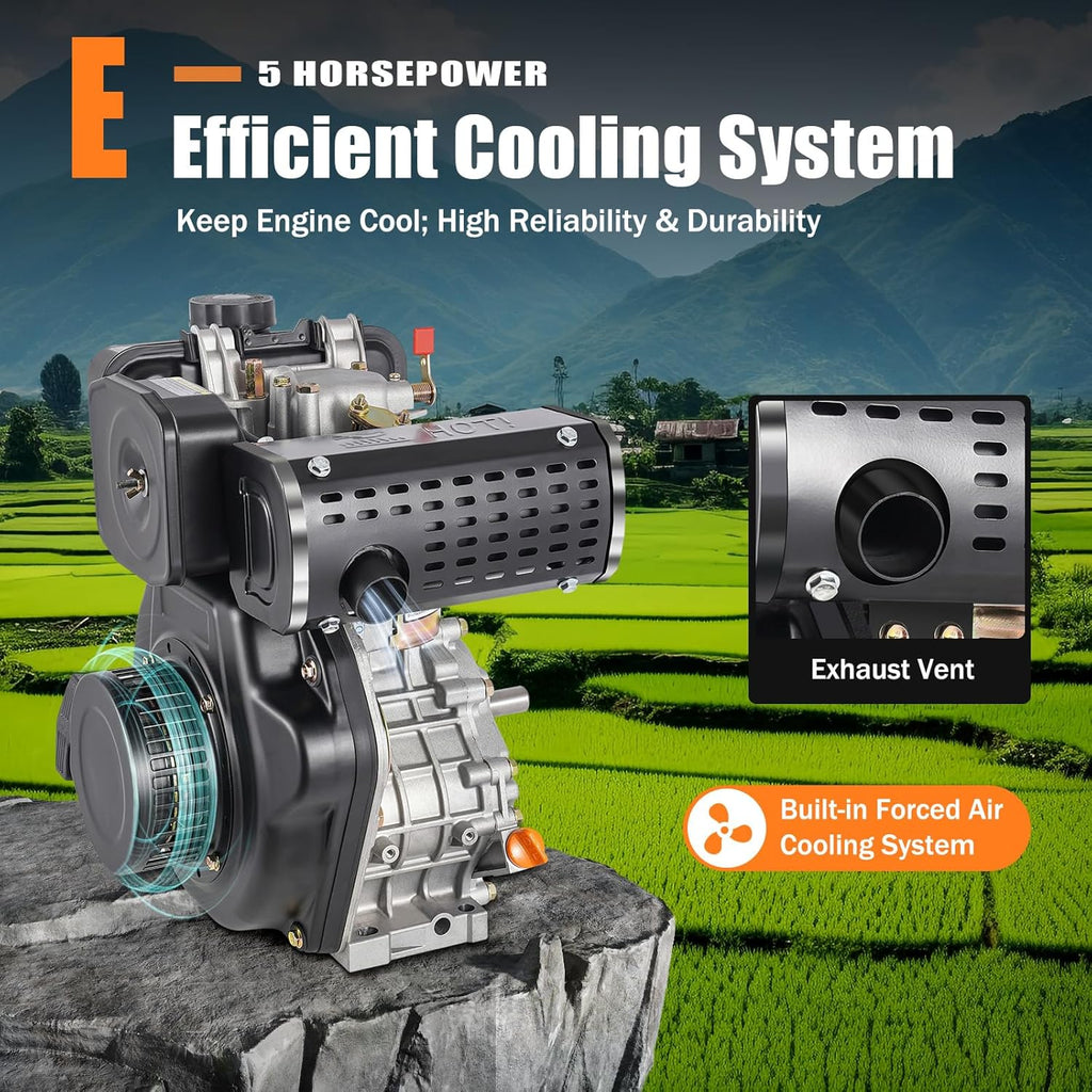 4 Stroke Diesel Engine 247CC 5HP Diesel Motor 3.6KW Single Cylinder Vertical Engine Diesel Engine Motor with Air Cooled System & Hand Start Mode for Water Pumps, Micro Tillers | US Stock